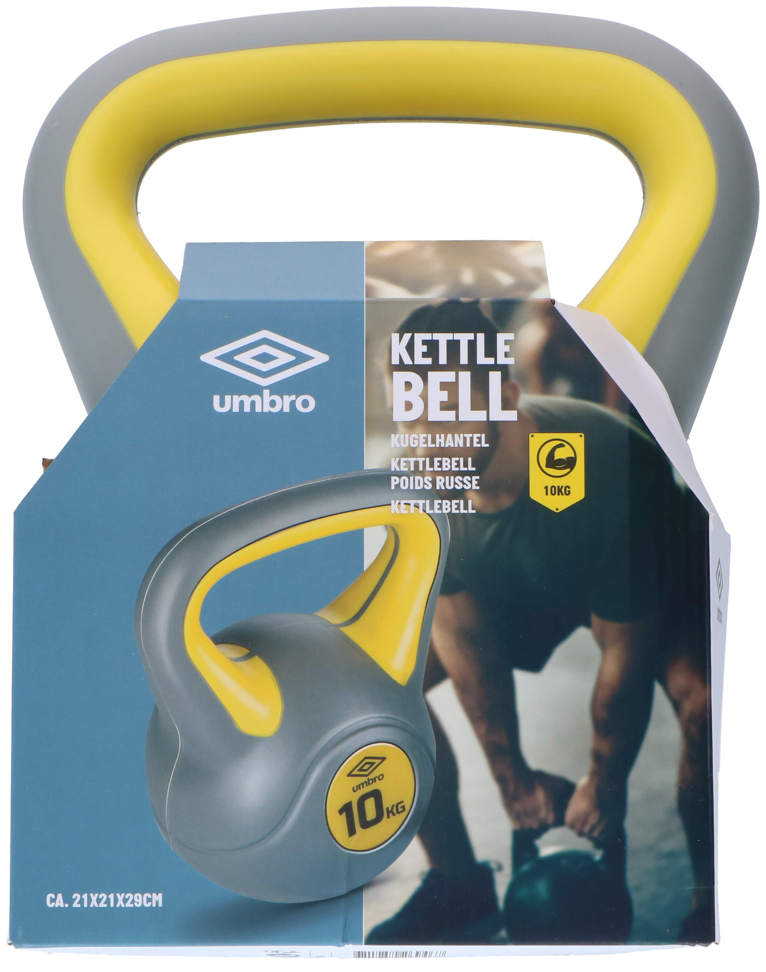 Un kettlebell avec un corps gris et une poignée jaune. Il porte le logo Umbro et indique 10KG.