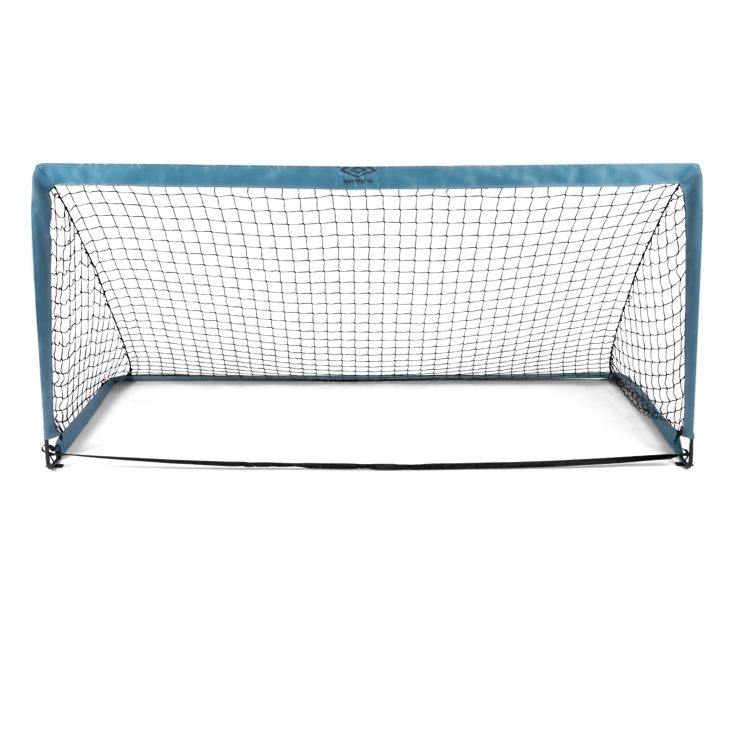 Voetbaldoel met net, blauw frame en witte achtergrond.