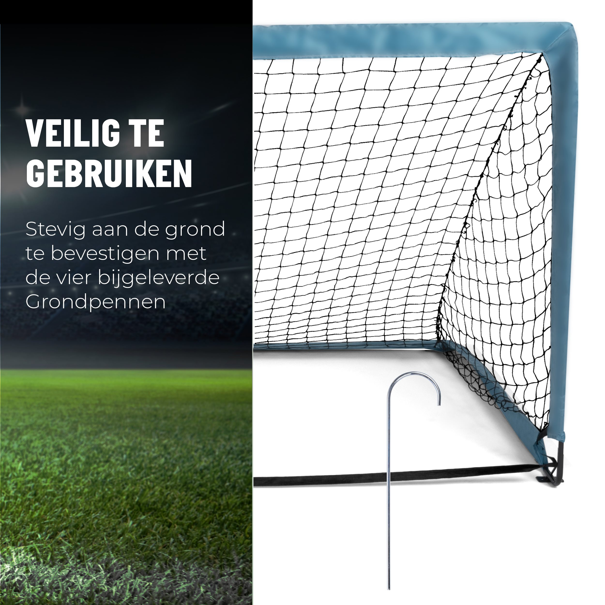 Voetbaldoel met een groene veldachtergrond. Er wordt een metalen grondpen getoond.