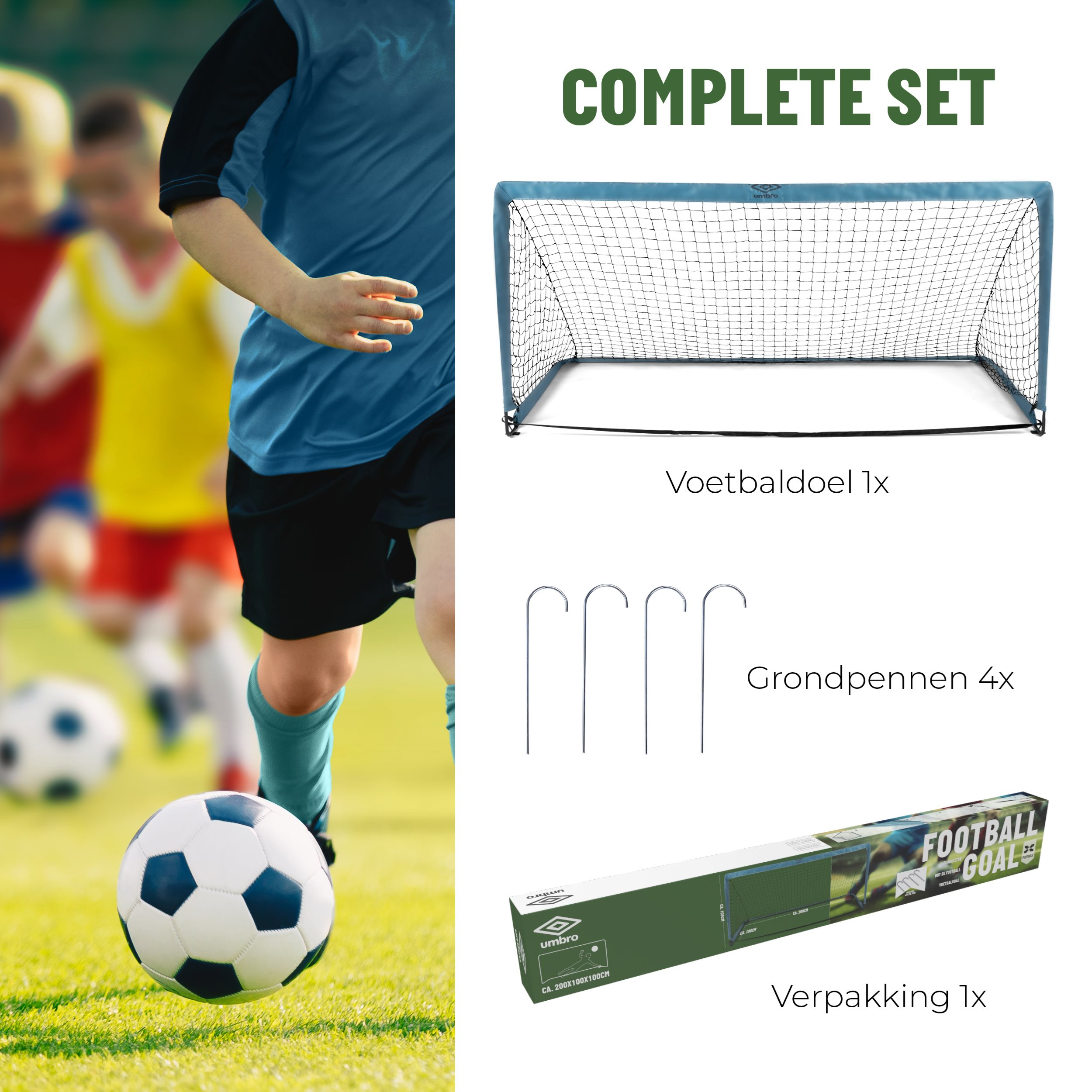 Voetbaldoelset met bal en rennende spelers, met verpakking en grondpennen.