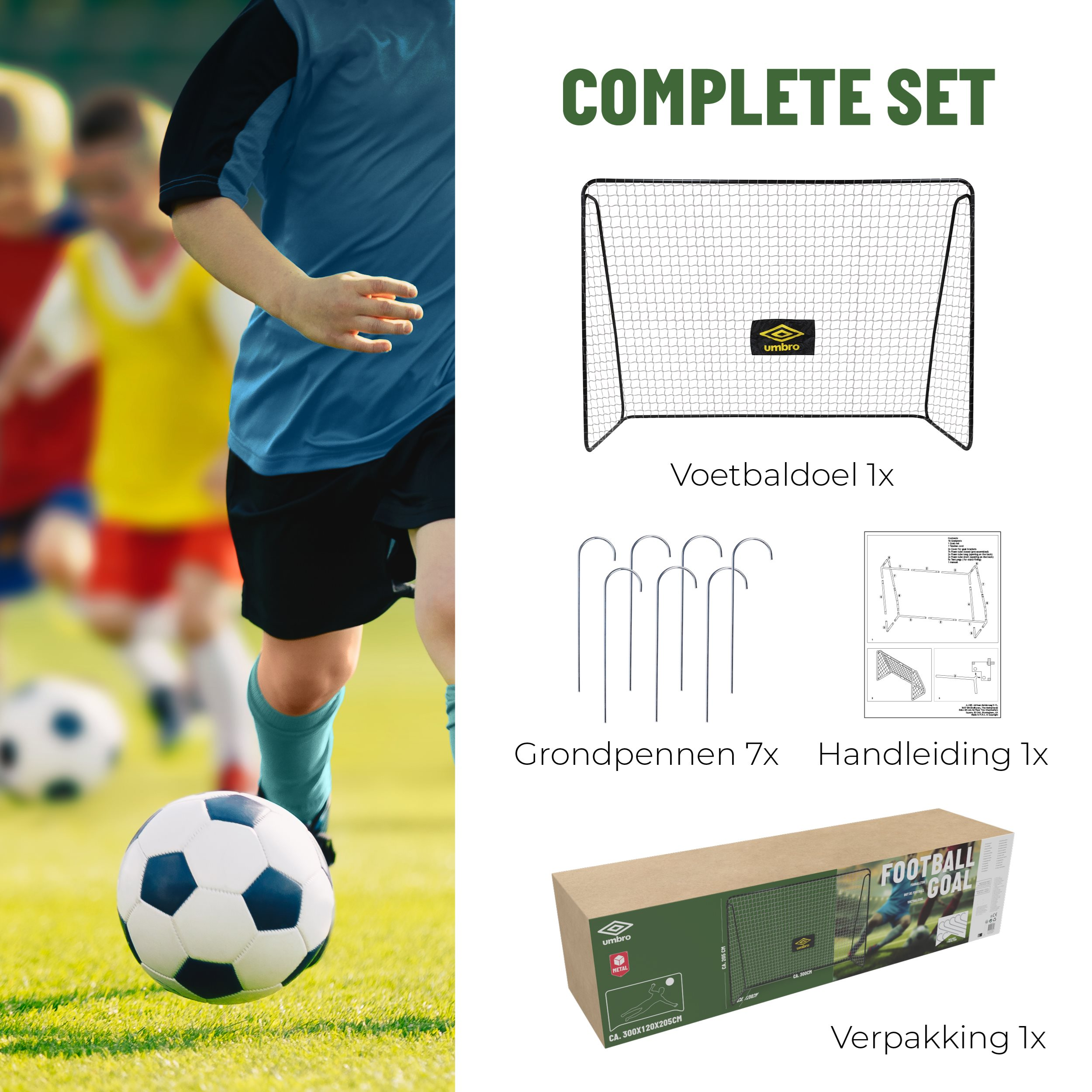 Fussballszene mit Tor, Ball, spielenden Kindern und Verpackung.