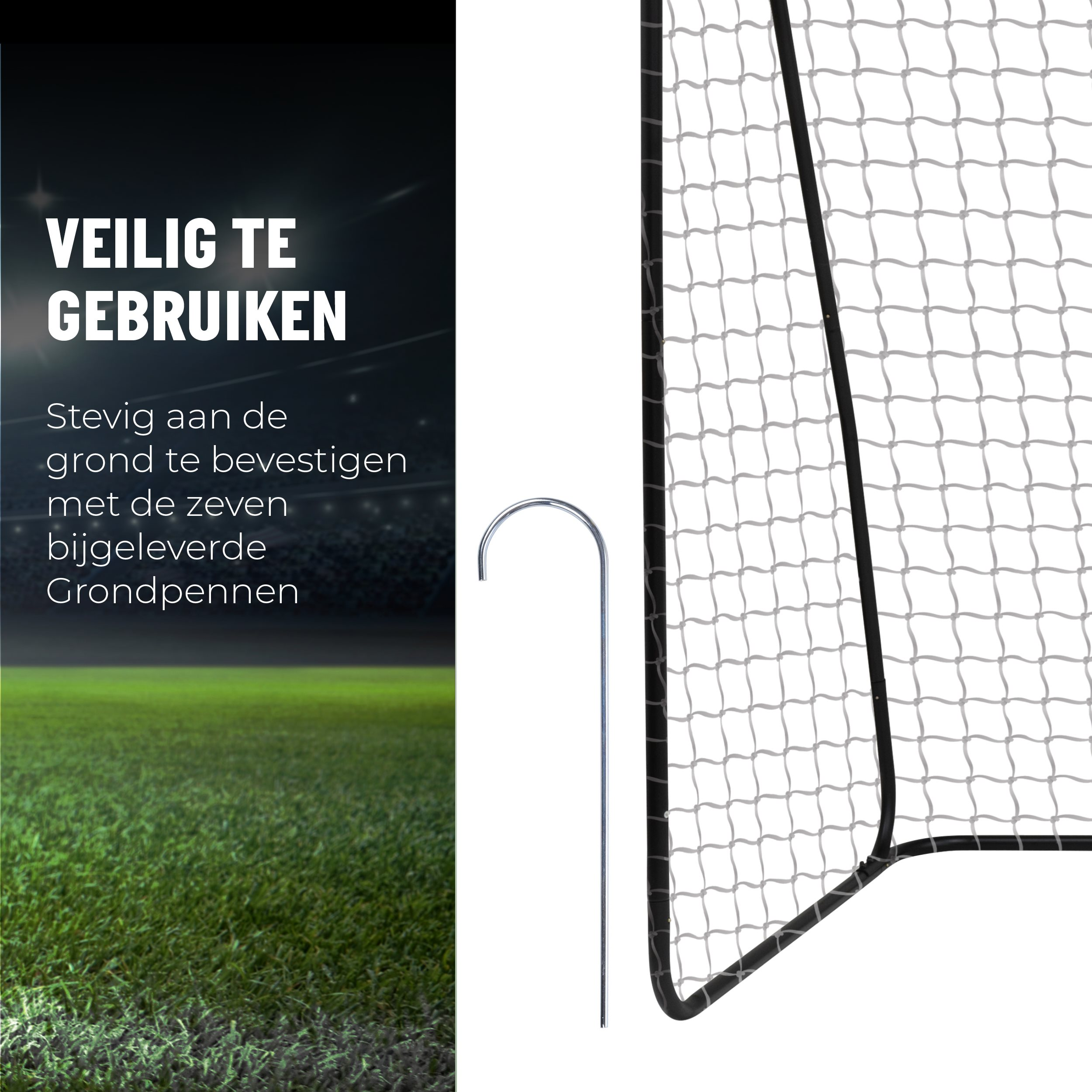 Ein Fußballtor und ein grünes Feld mit weißem Netz. Erdungsstifte sind links.