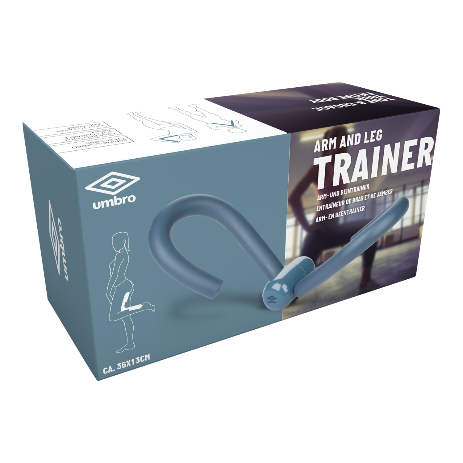 A box that says ARM AND LEG TRAINER. It has a picture of a person using it.