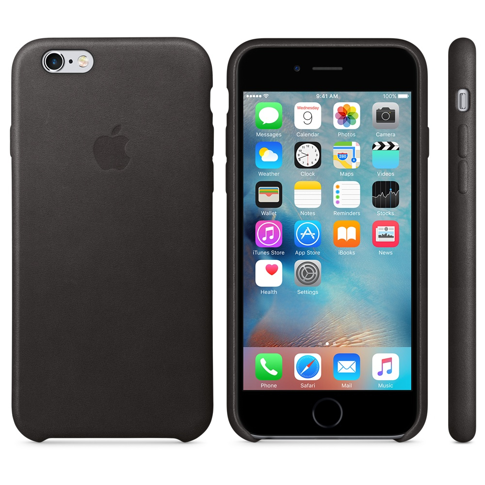 Schwarzes iPhone mit schwarzer Lederhülle. Zeigt Bildschirm, Seite und Rückseite mit Apple-Logo.
