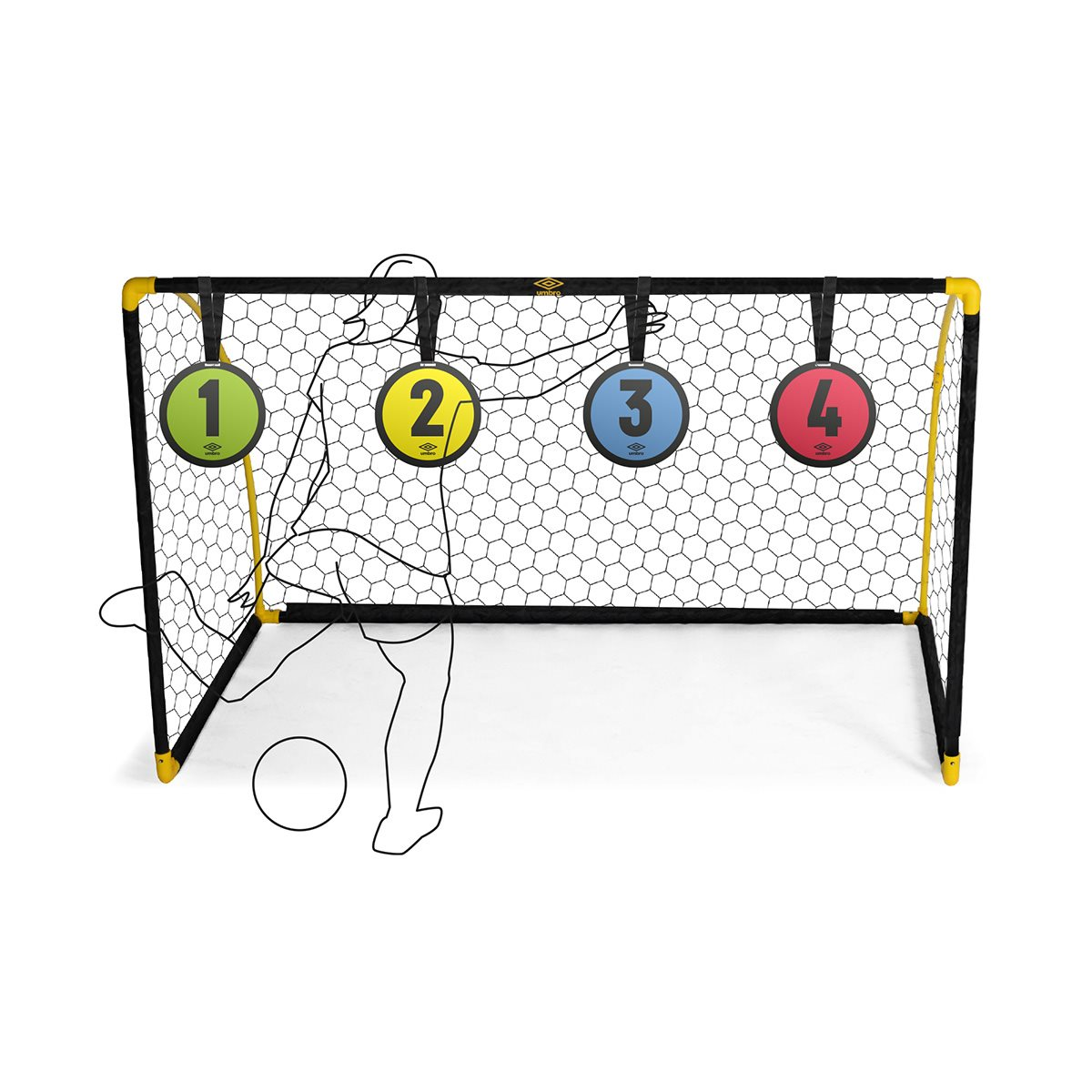 But de football avec 4 cibles. Une personne frappant un ballon vers le filet. Contour noir d'une personne.