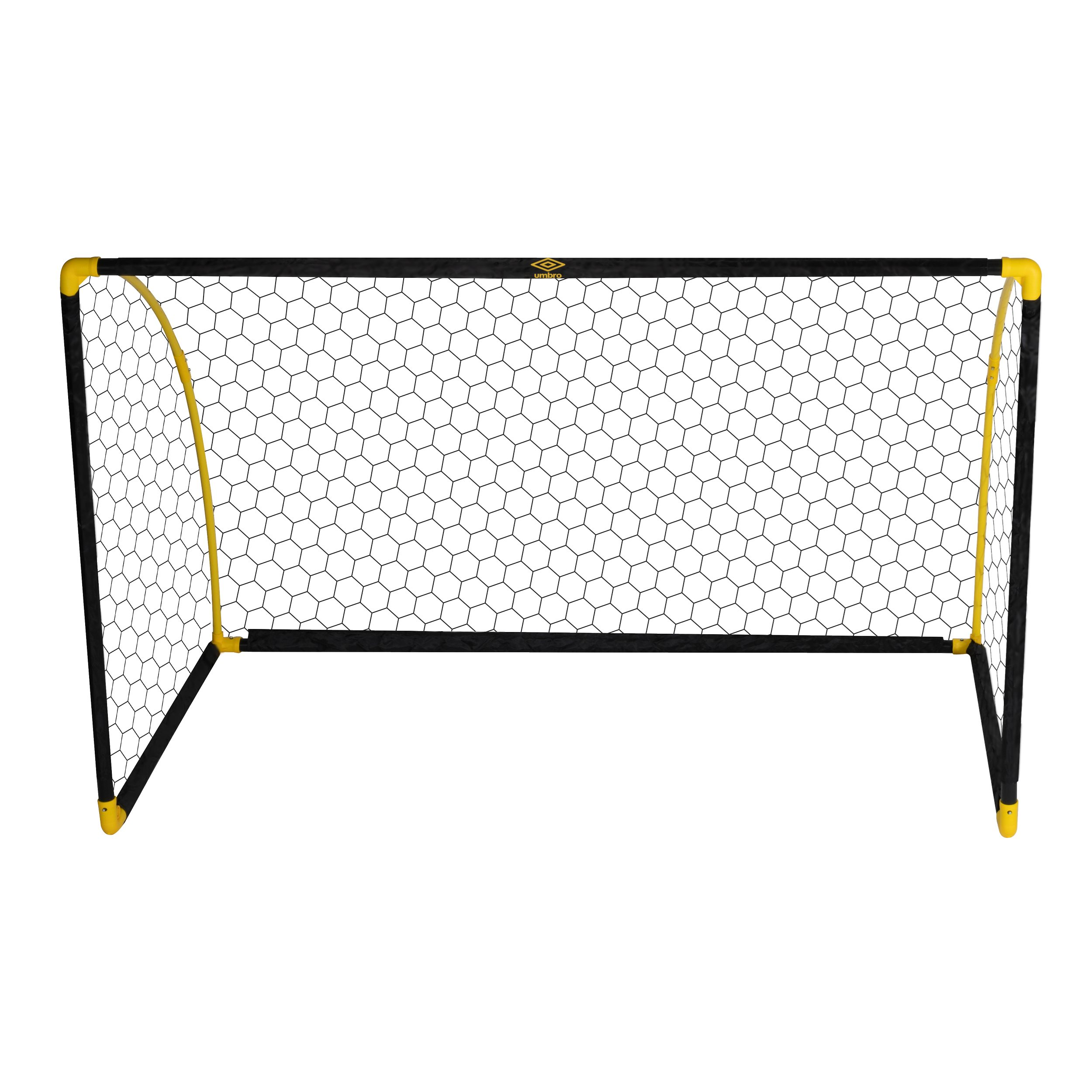 Un but de football avec un filet blanc et des poteaux jaunes et noirs est présenté.