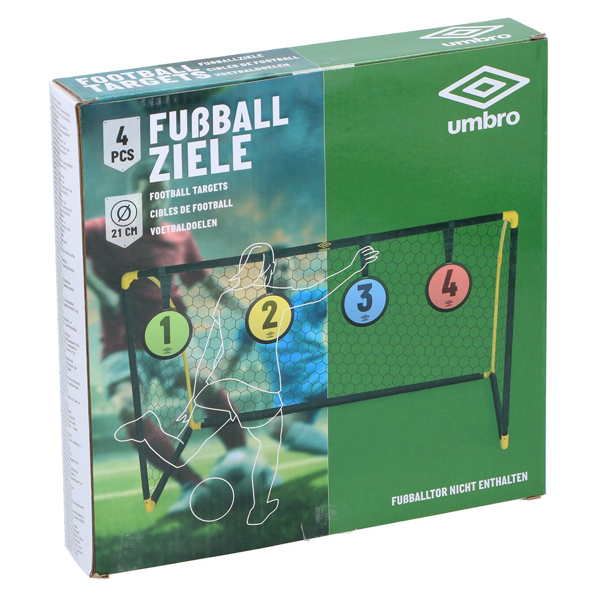 Boîte avec cibles de football. Les cibles ont les chiffres 1-4. Ballon de foot et joueur graphiques.