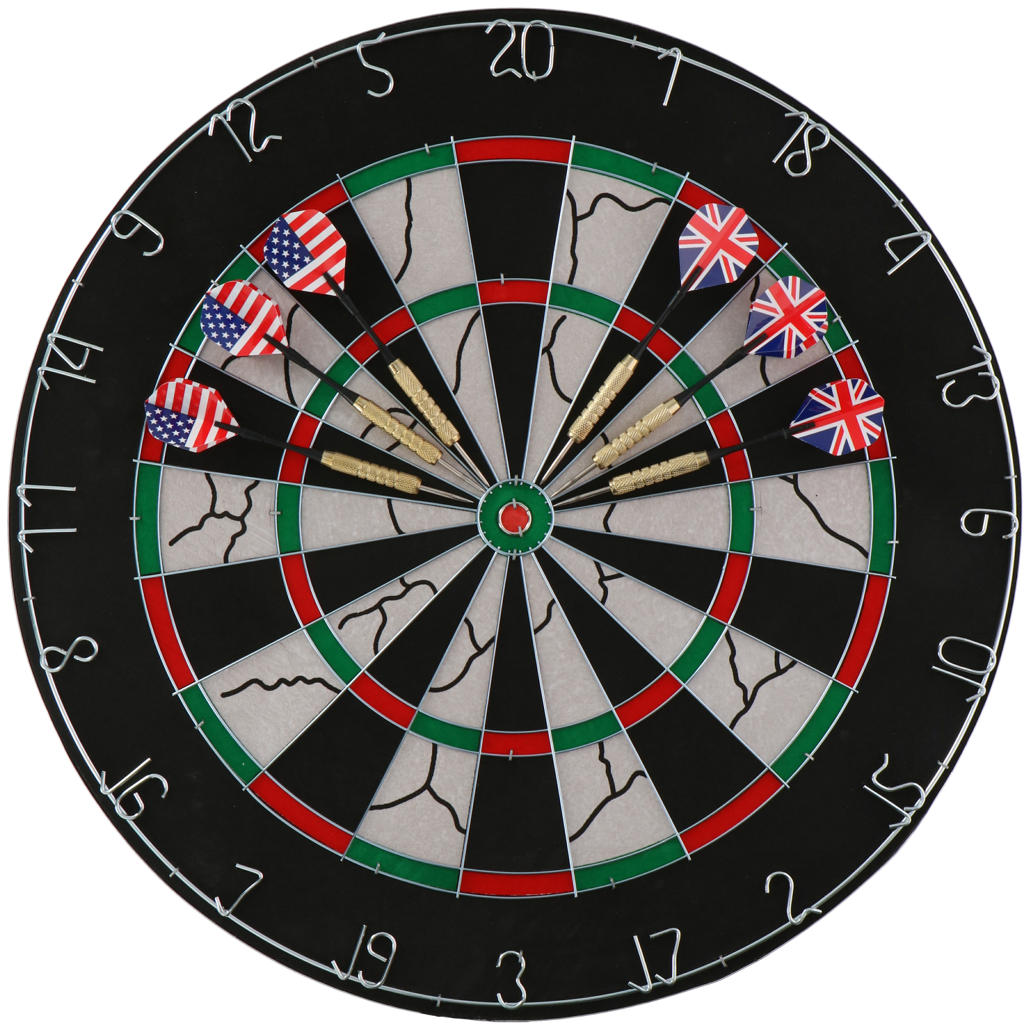 Een dartbord met darts. Sommige darts hebben Amerikaanse vlaggen, sommige Britse vlaggen.