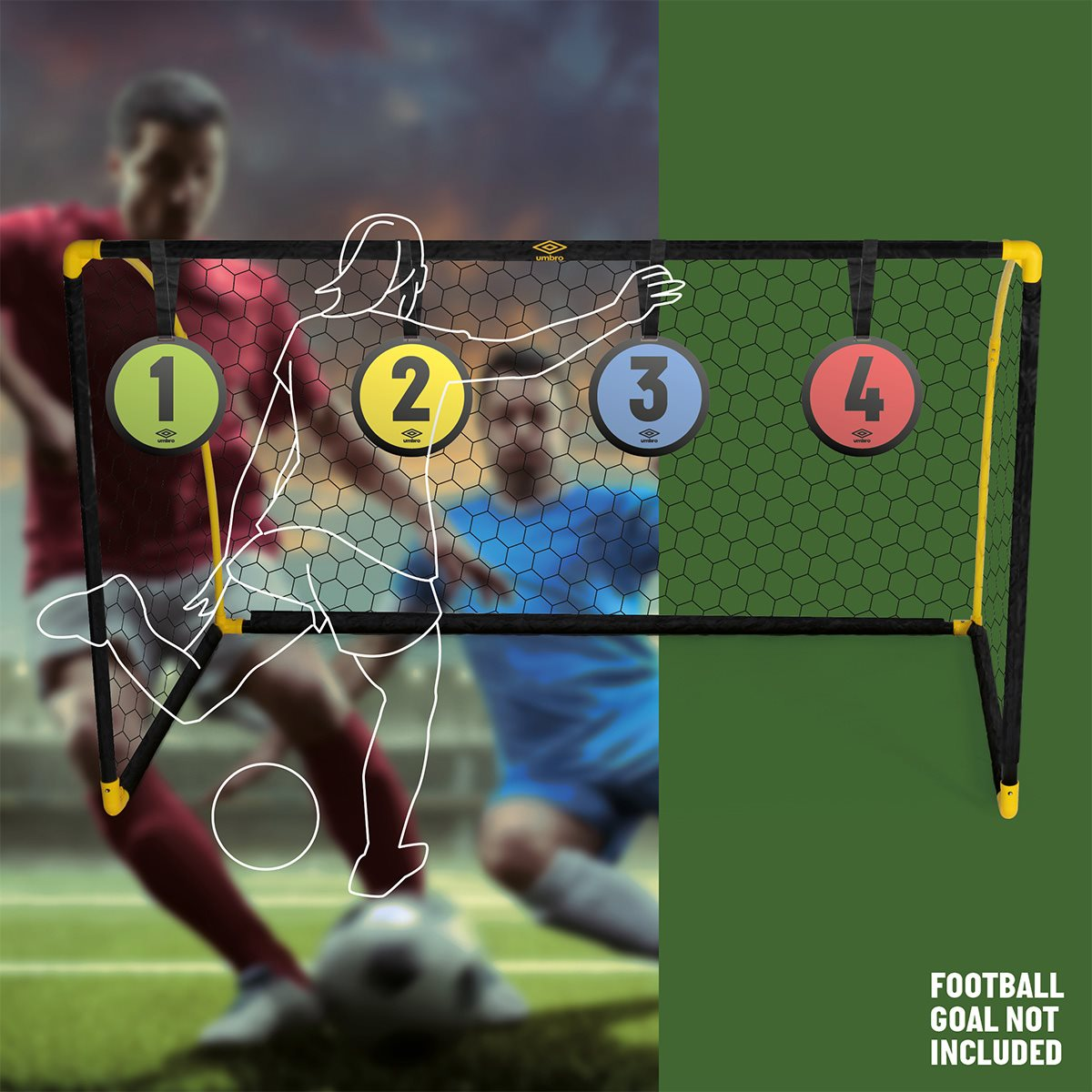 But de foot avec cibles. Numéros 1-4. Deux joueurs en arrière-plan.