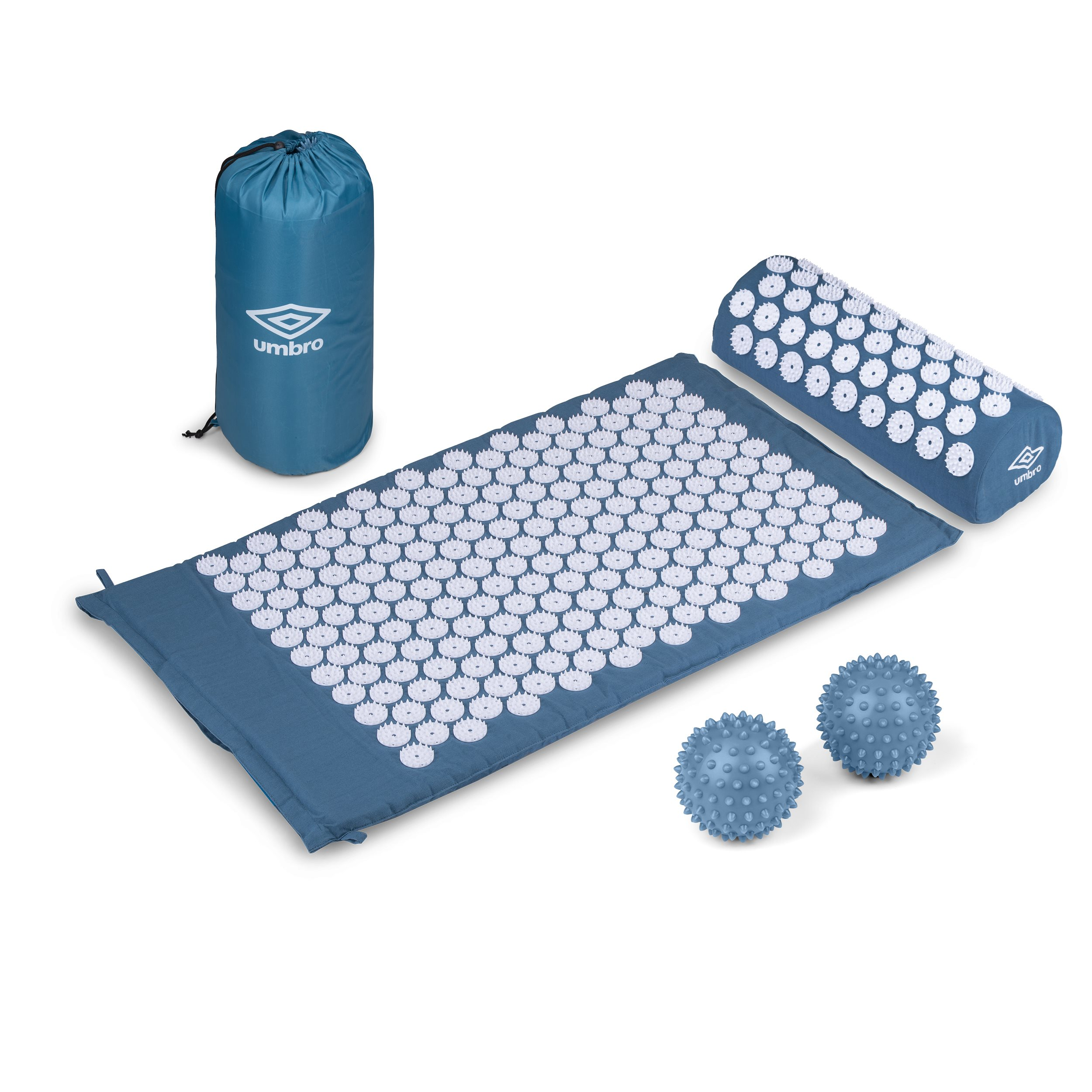 Een oefenmat met een roller, een tas en twee stekelige ballen. Alles is blauw.