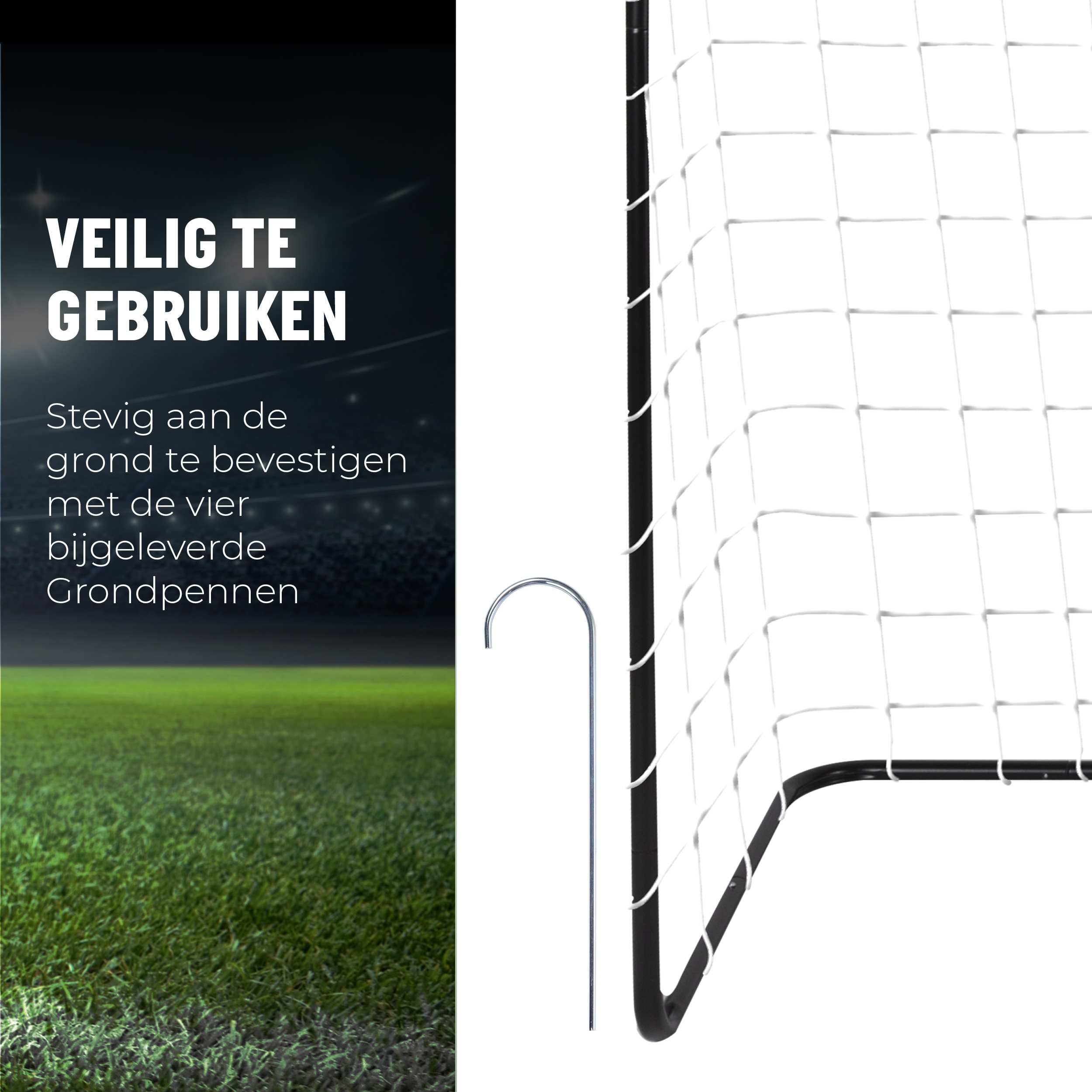 Ein Fußballtor und ein grünes Feld mit weißem Netz. Erdungsstifte sind links.