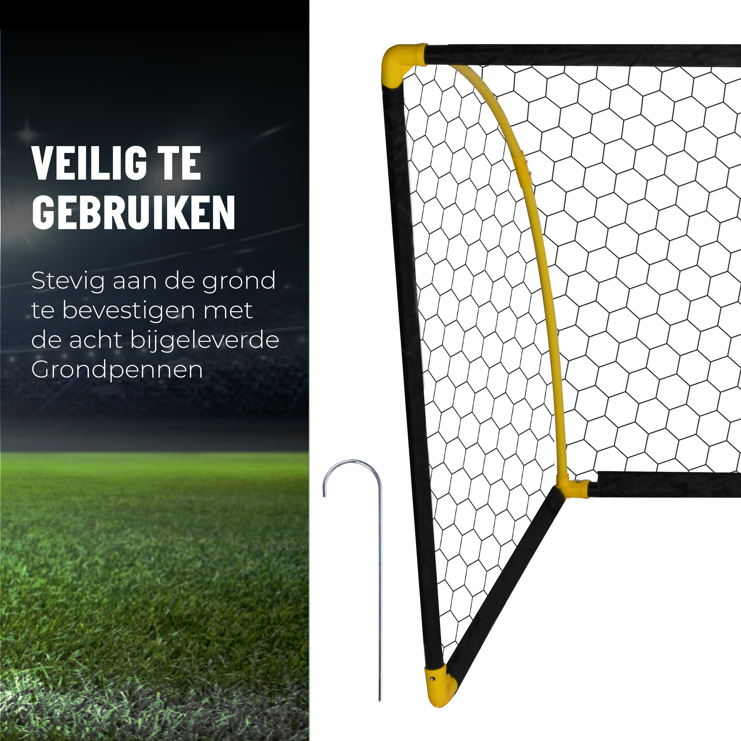 L'image montre un but de football avec un champ vert et une lumière vive en arrière-plan.