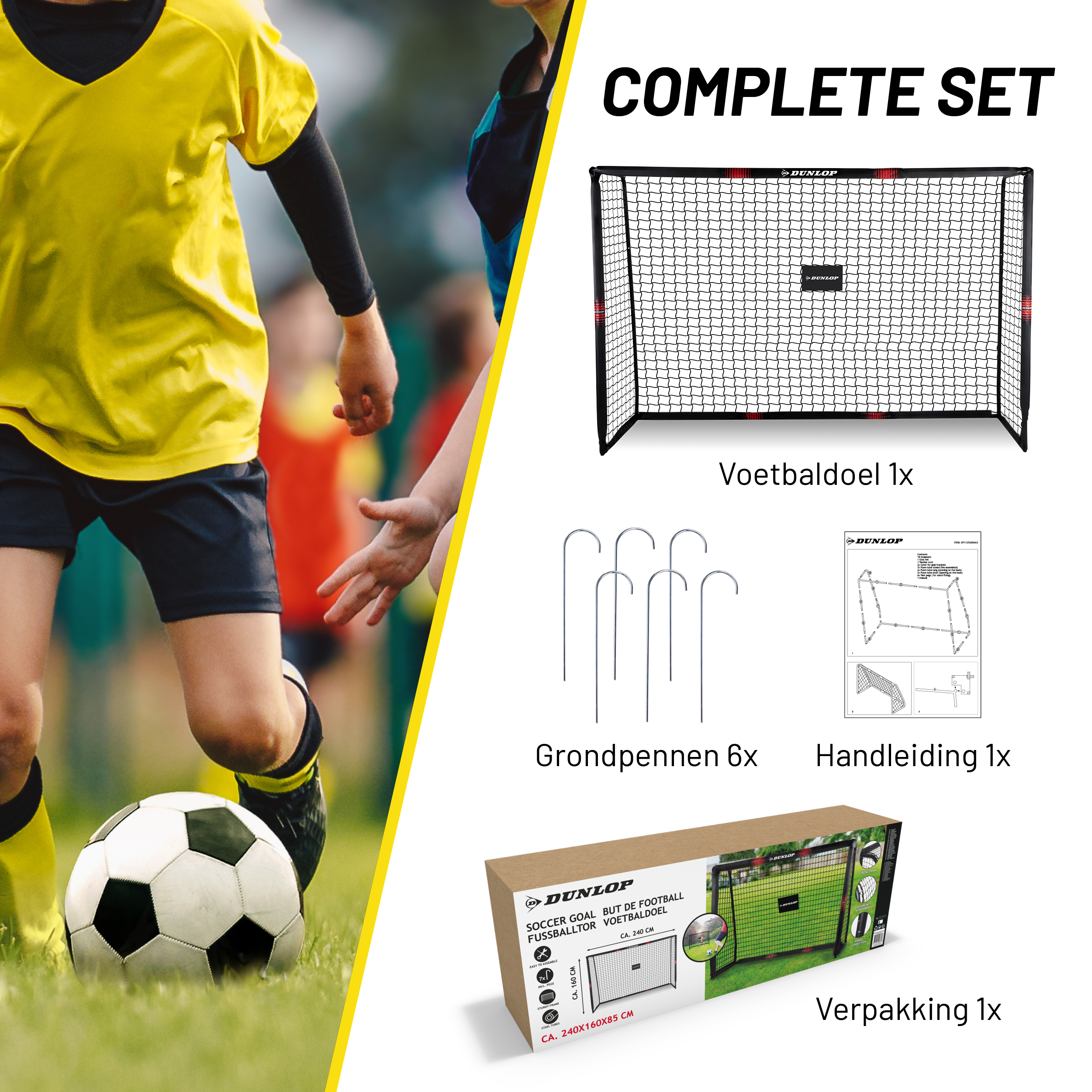 Soccer goal set with ball, ground pins, and instructions.