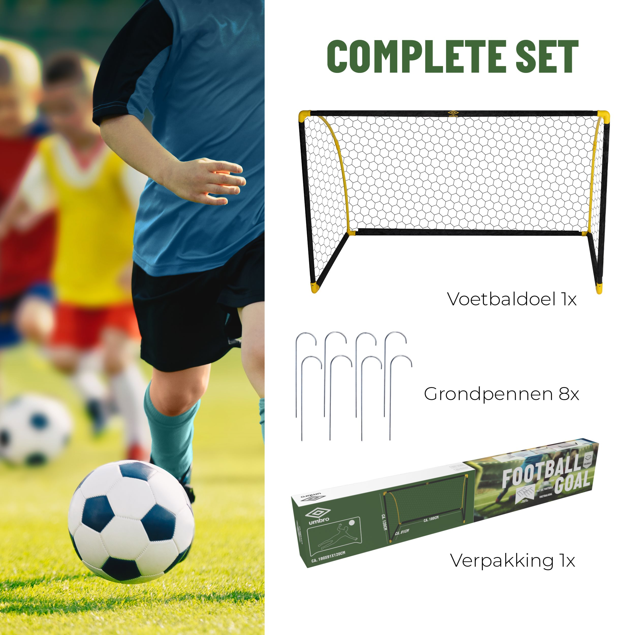 Kit de but de foot avec ballon. Comprend but, 8 piquets et un emballage. Enfants jouant en arrière-plan.