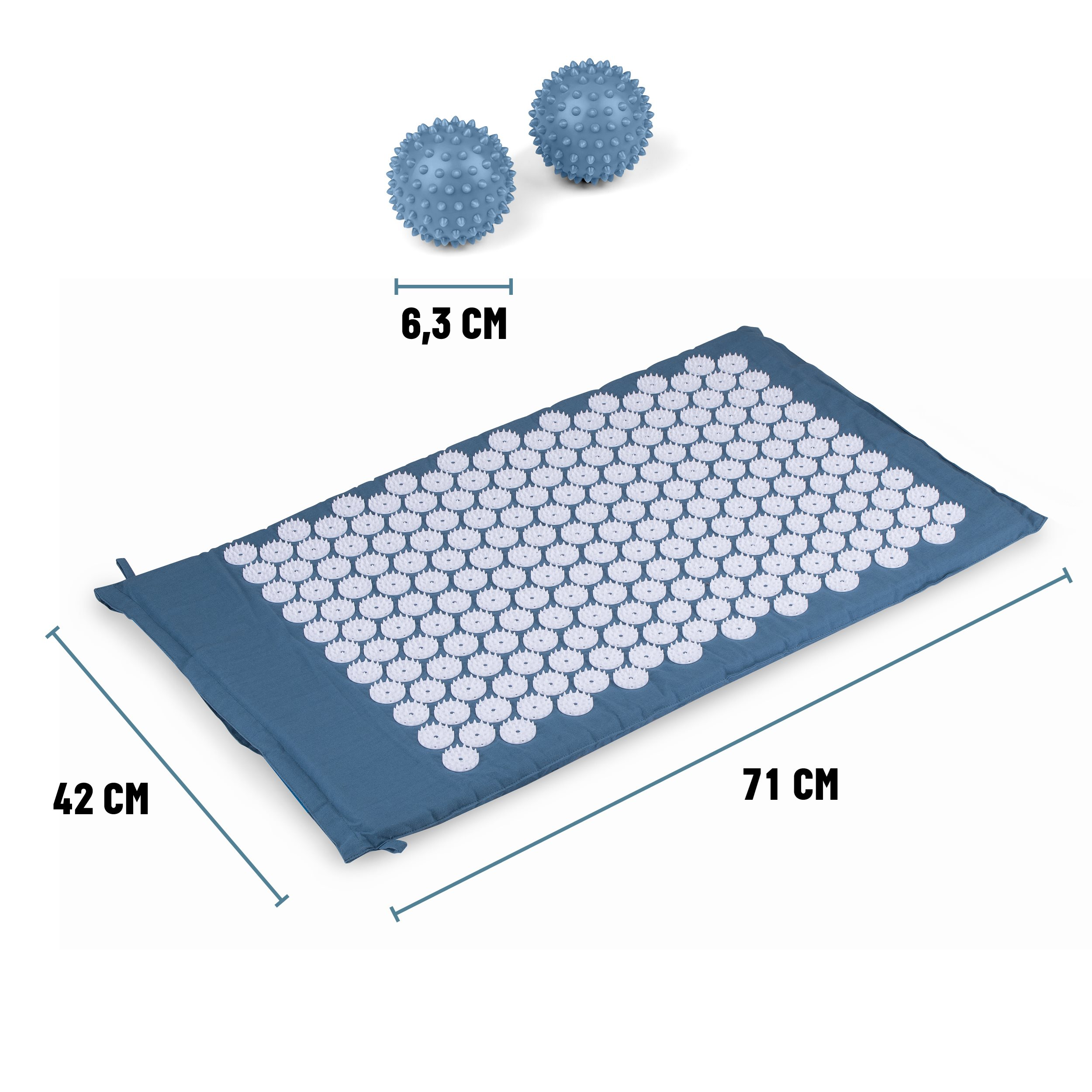 Blauw massagemat met twee massageballen.