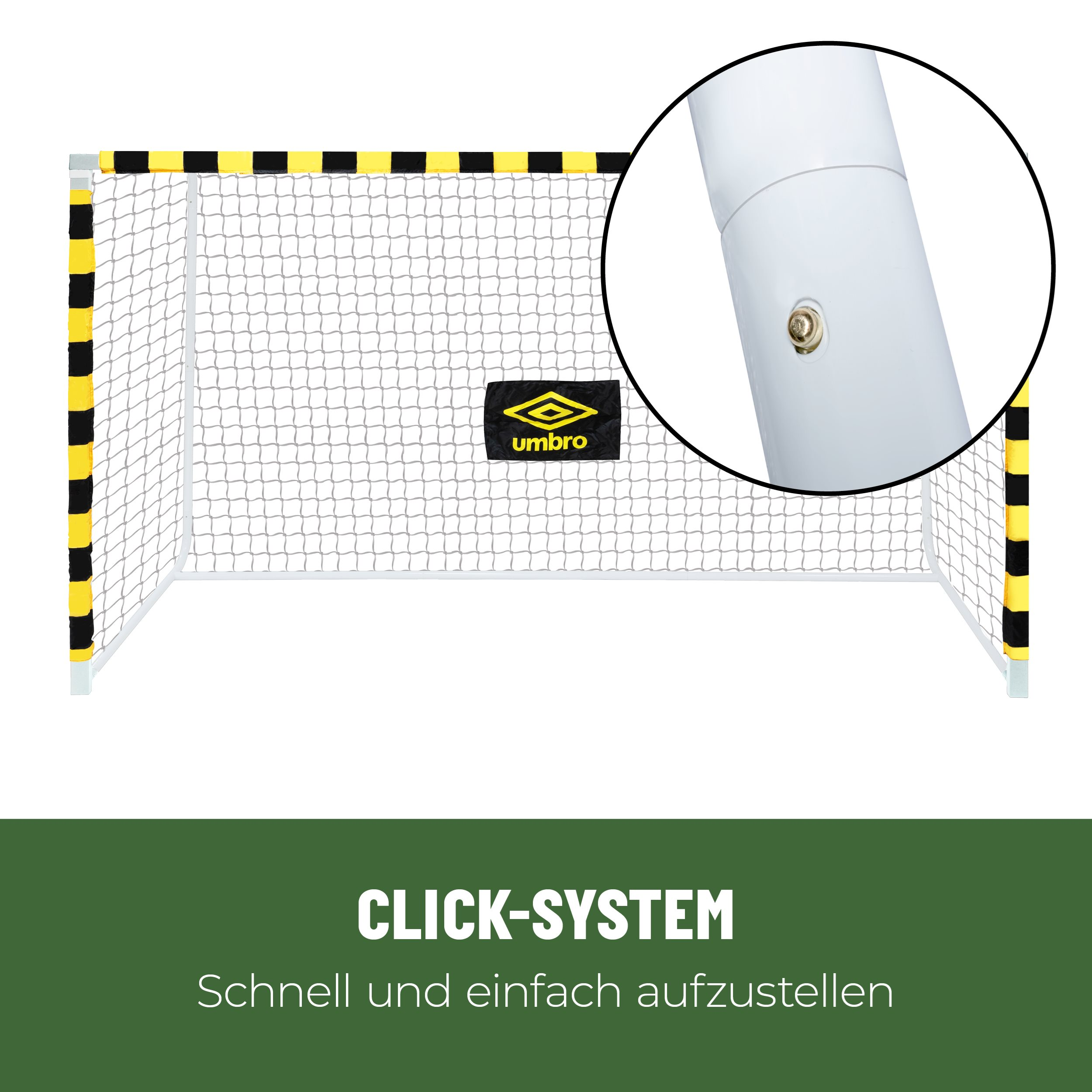 Soccer goal, black and yellow bars, white net. A close-up of the connection. Text: Click-system.