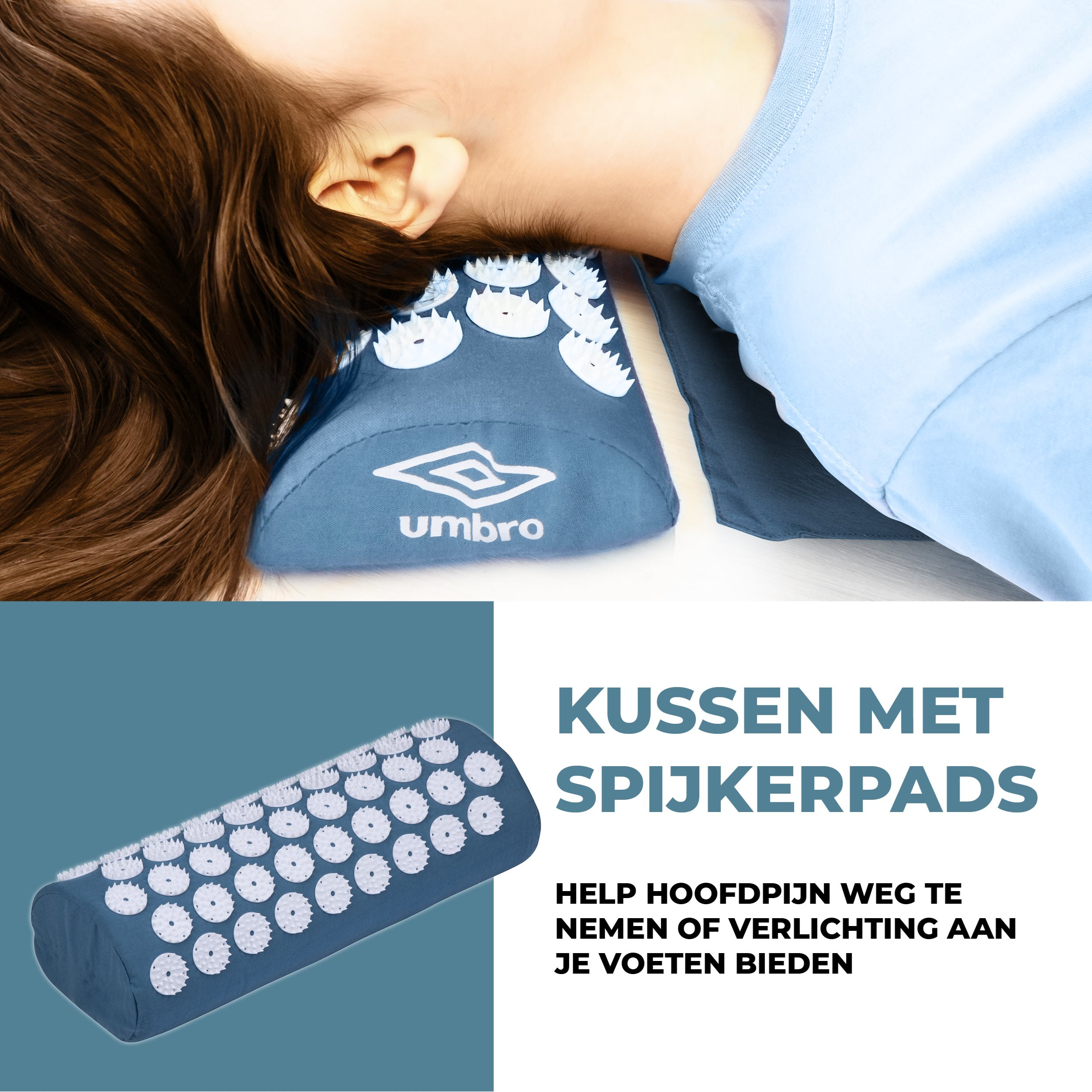 Persoon ligt met een kussen voor pijnverlichting. Kussen heeft witte spikes. Tekst: Kussen met spike pads.