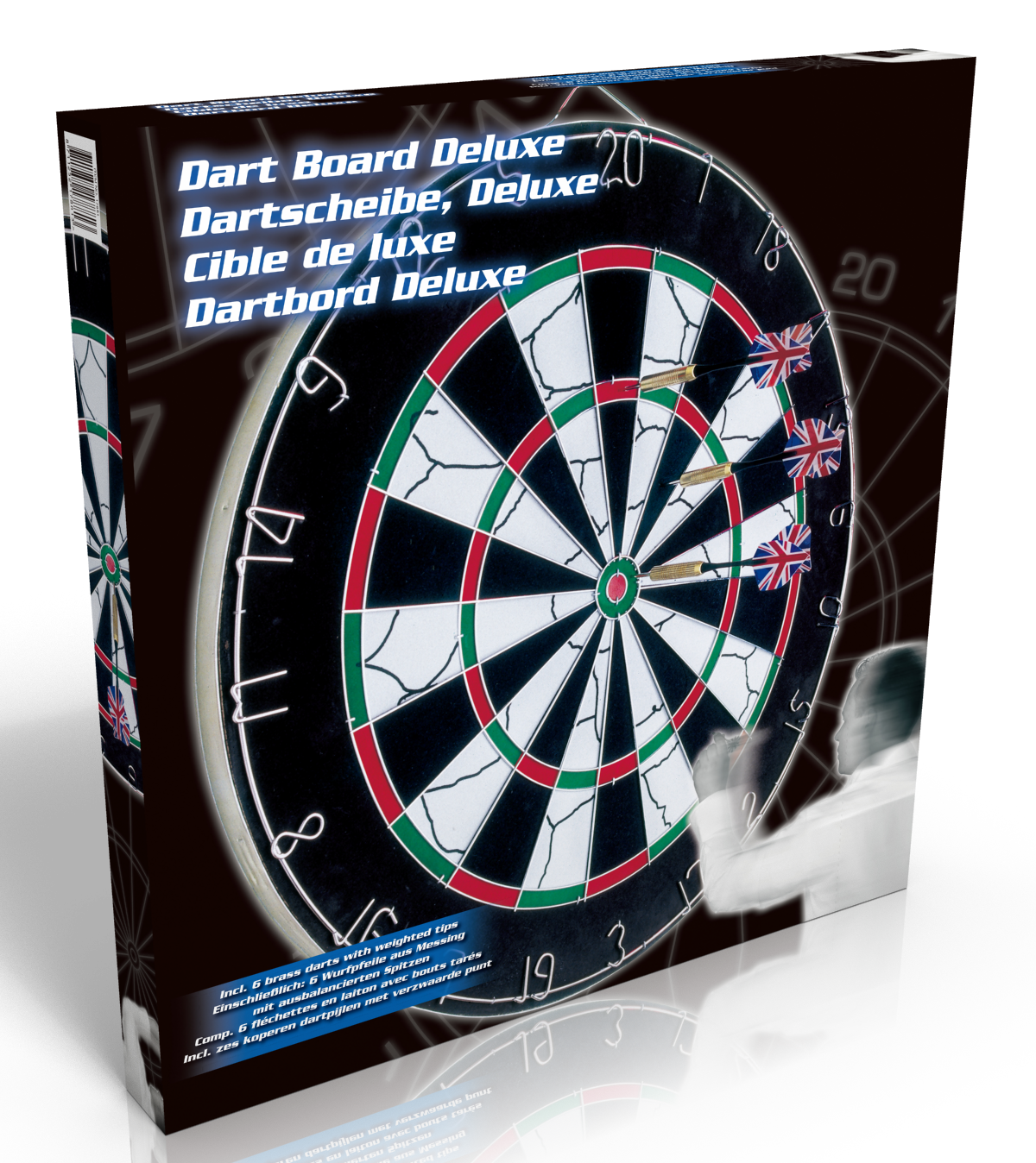 Dartbordset in doos. Inclusief dartbord met darts. De doos heeft tekst in meerdere talen.