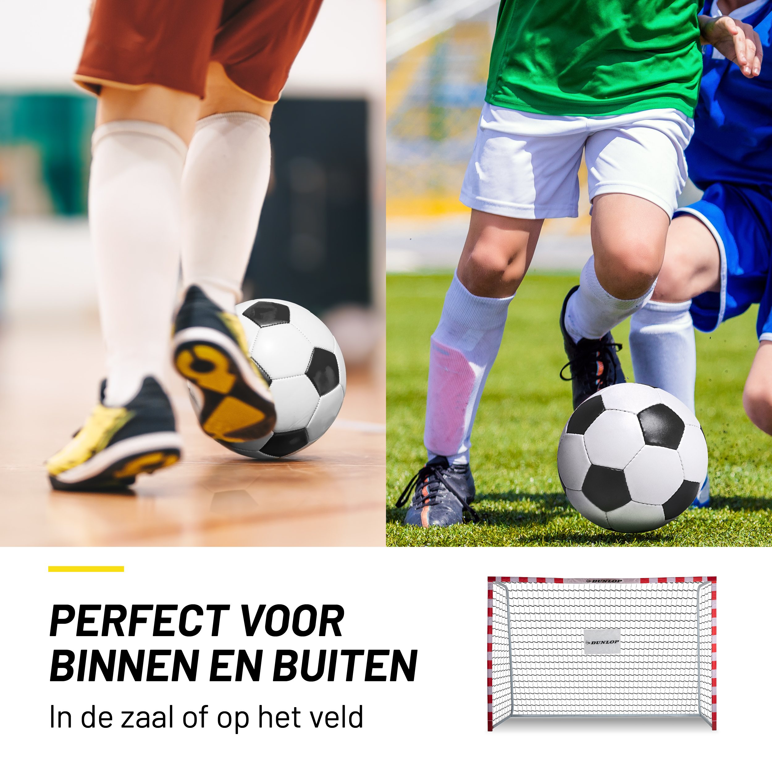 Soccer players on a green field, with a soccer goal in the corner, two balls.