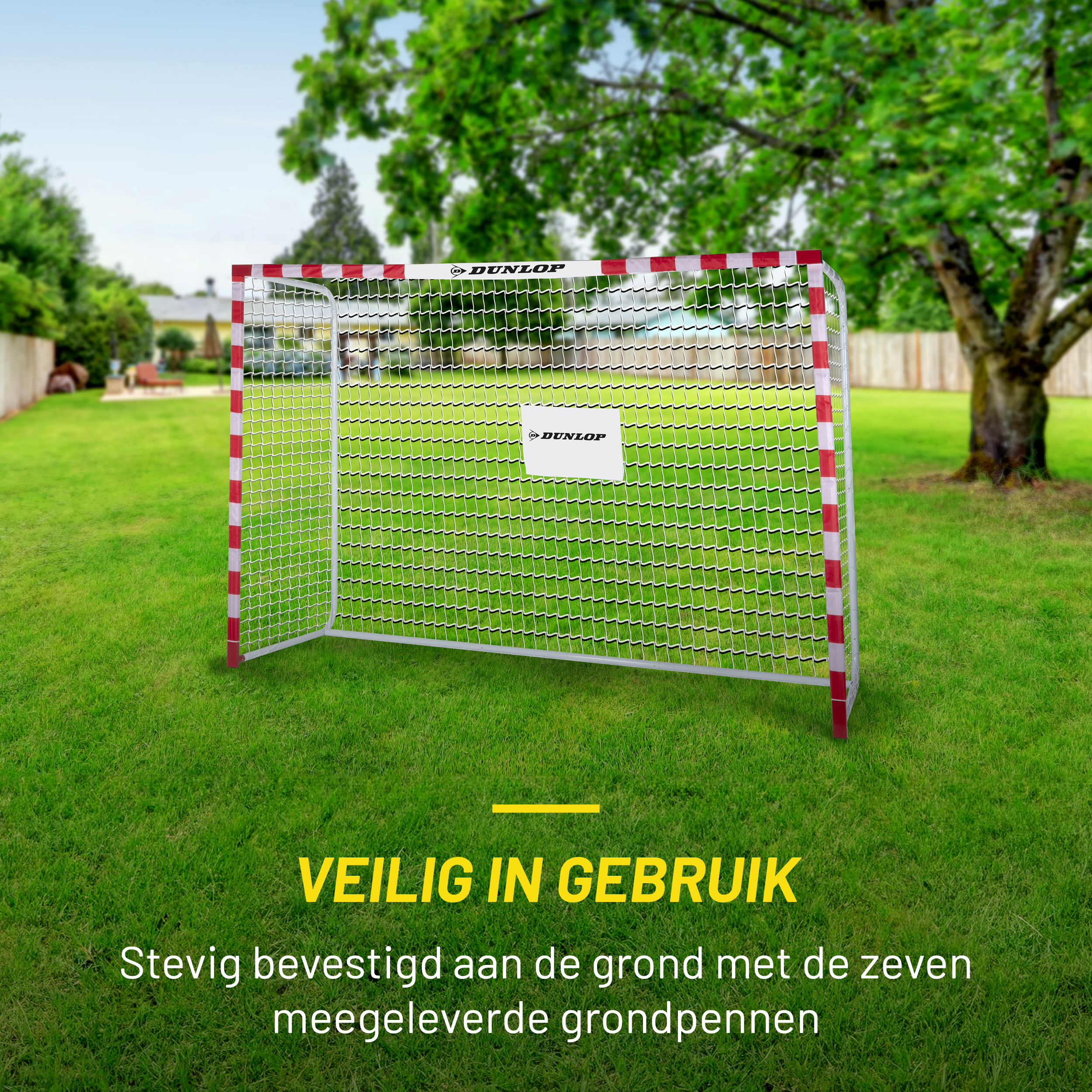 A soccer goal stands on grass with red and white posts. The background is a green field.