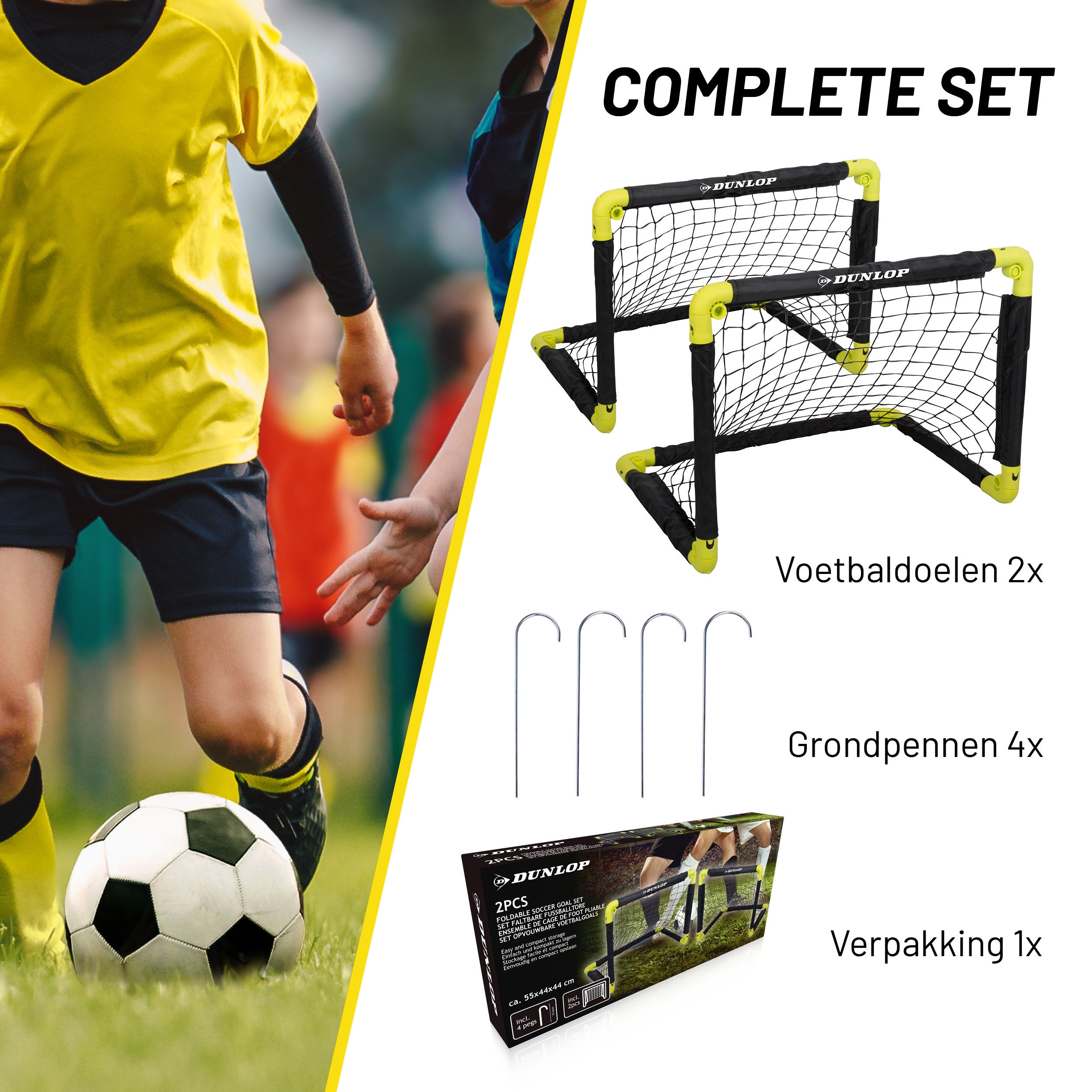 Voetbalset. Twee kleine doelen, grondpennen en een doos worden getoond. Spelers in gele shirts zijn zichtbaar.