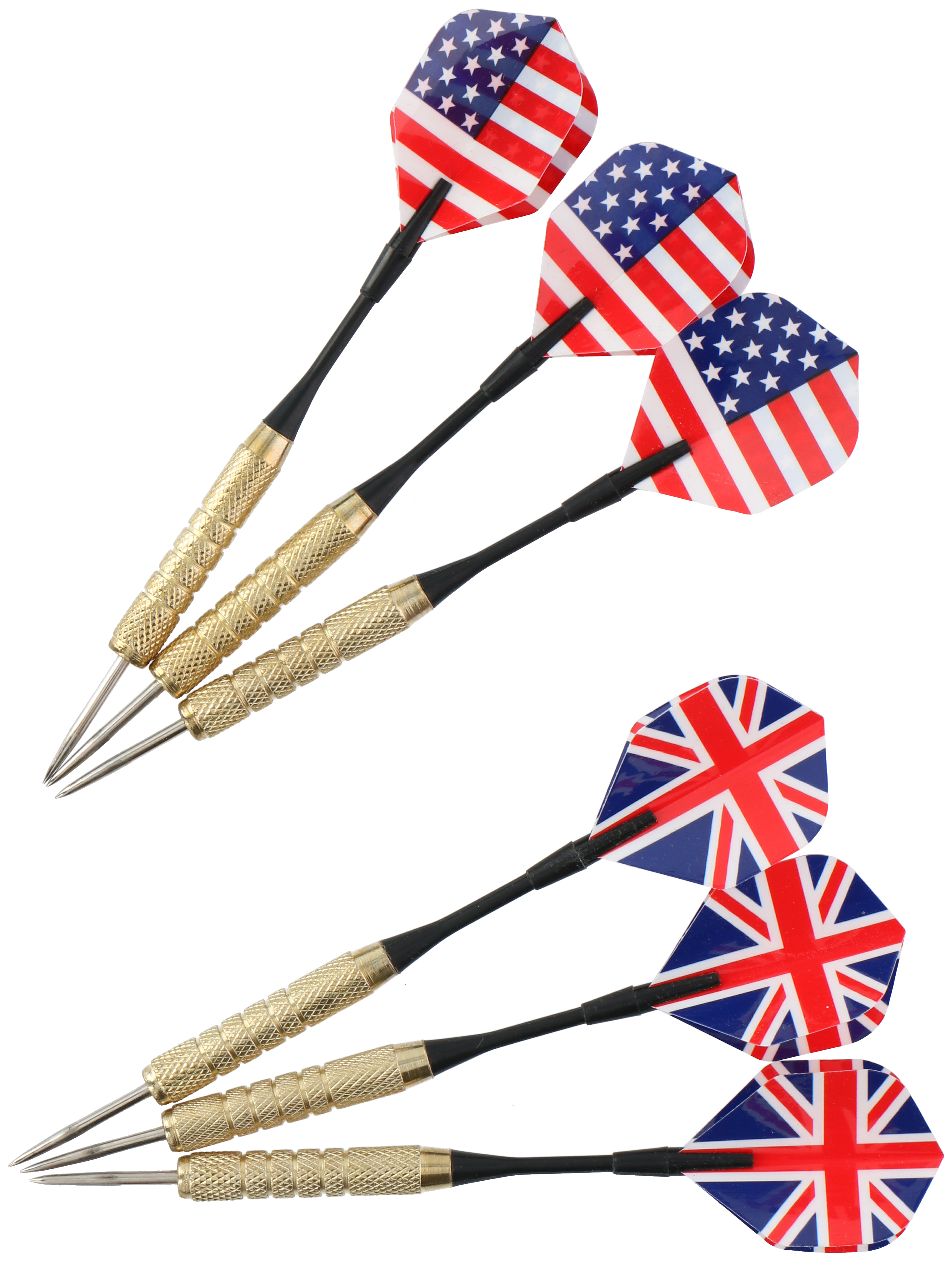 Zes darts met Amerikaanse en Britse vlaggen op de flights. De darts hebben goudkleurige handvatten.