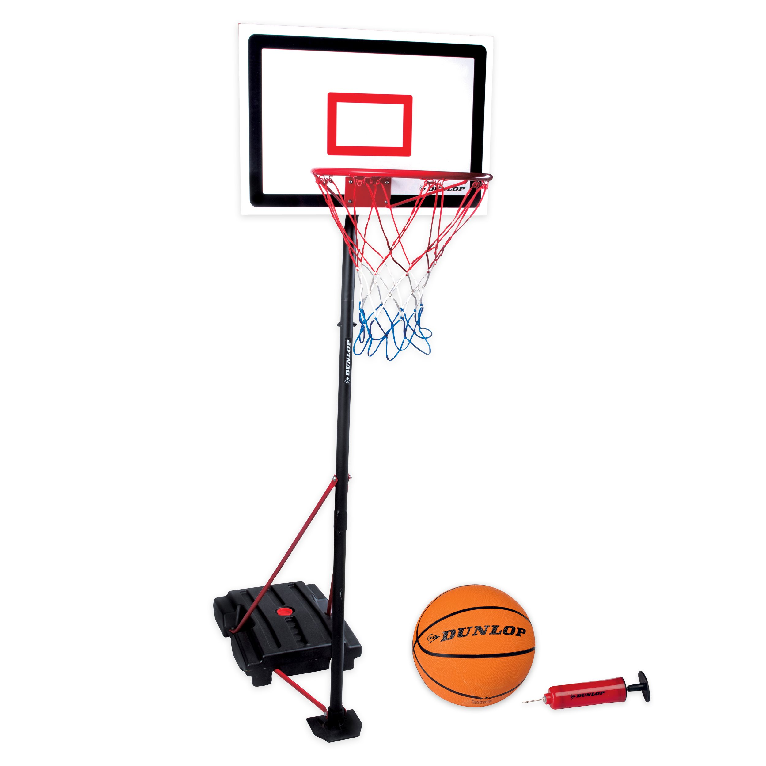 Basketbalring met een basketbal en pomp. De ring is wit en rood, op een zwarte basis.
