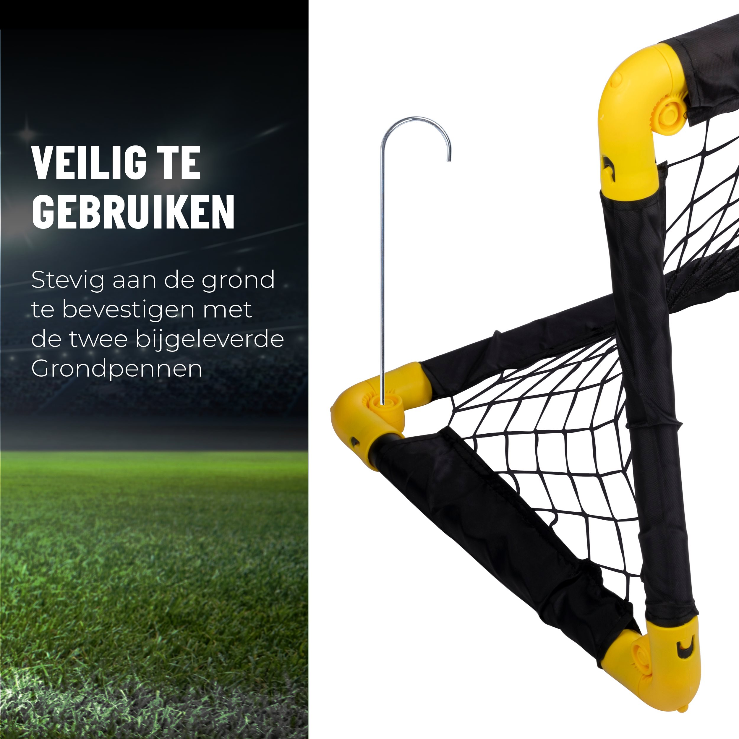 Fußballtorpfosten und Erdspieß. Das Bild zeigt ein Fußballtor auf einem grünen Feld.