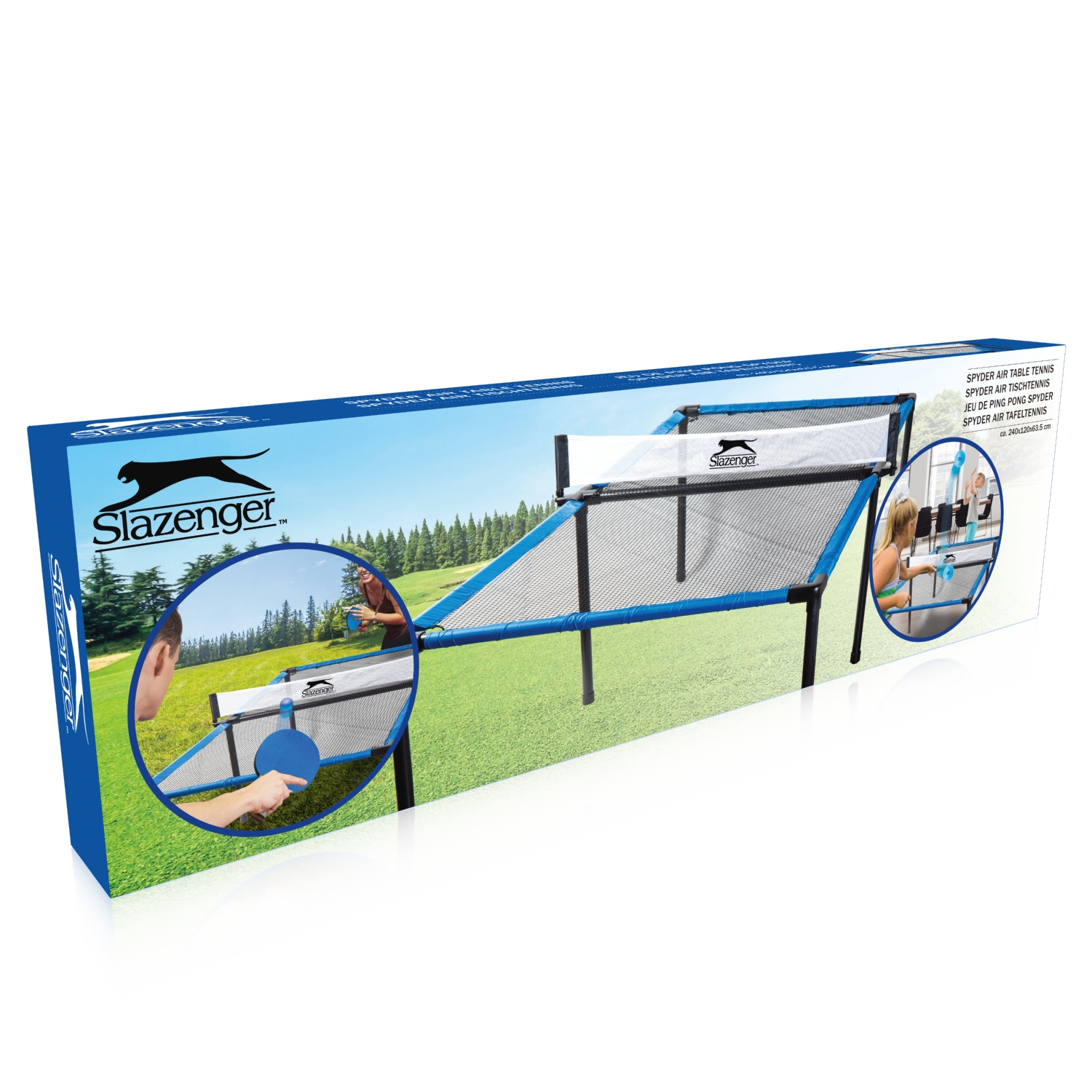 Een Slazenger pingpongtafelset in een doos, met een close-up van het net en de peddels.