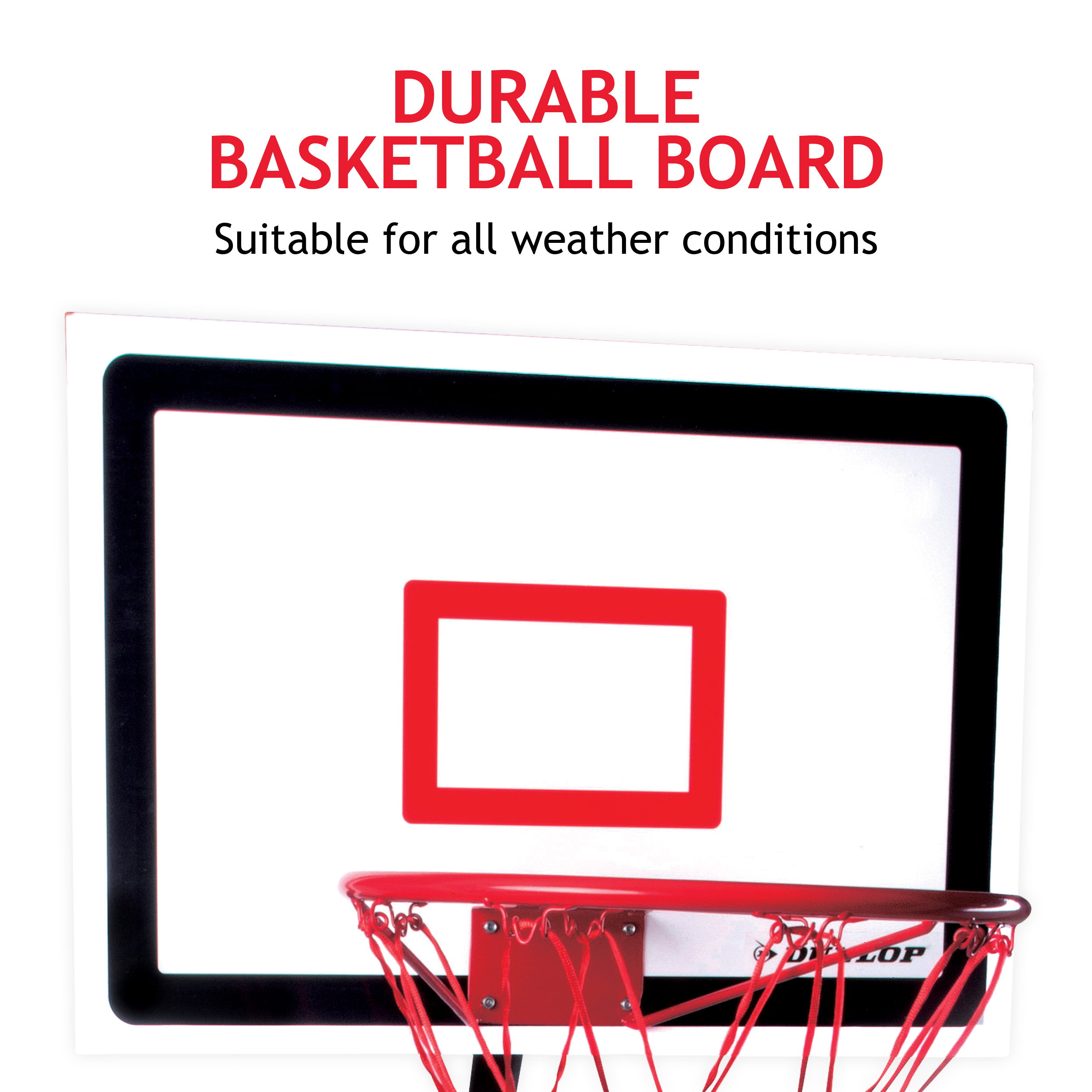 Basketbalring met rood net en achterbord, zwart frame, wit oppervlak, rode vierkant, witte achtergrond.