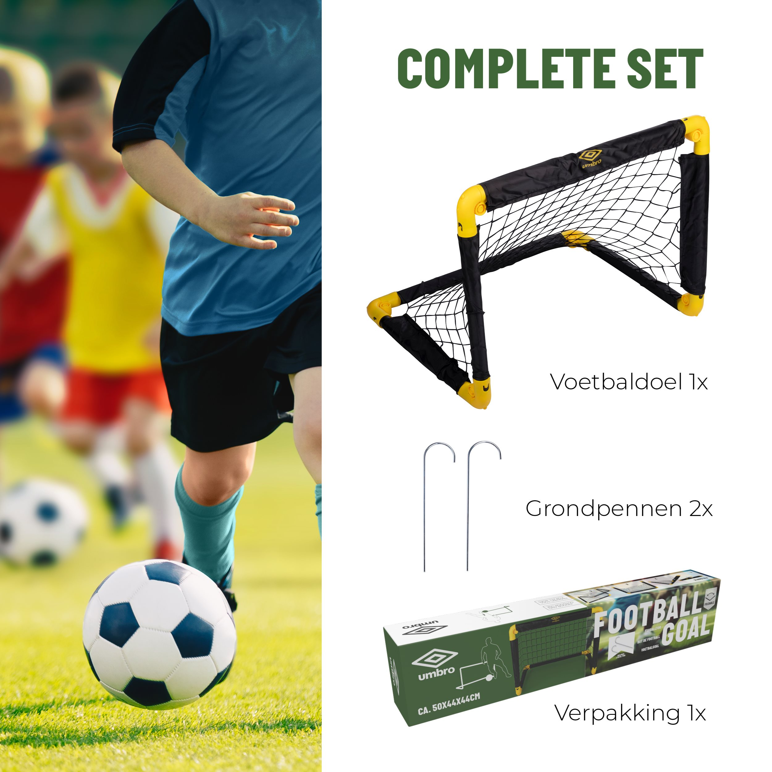 Eine Fußballszene. Ein Fußball in der Luft. Ein Fußballtor im Hintergrund. Text: Komplett-Set.