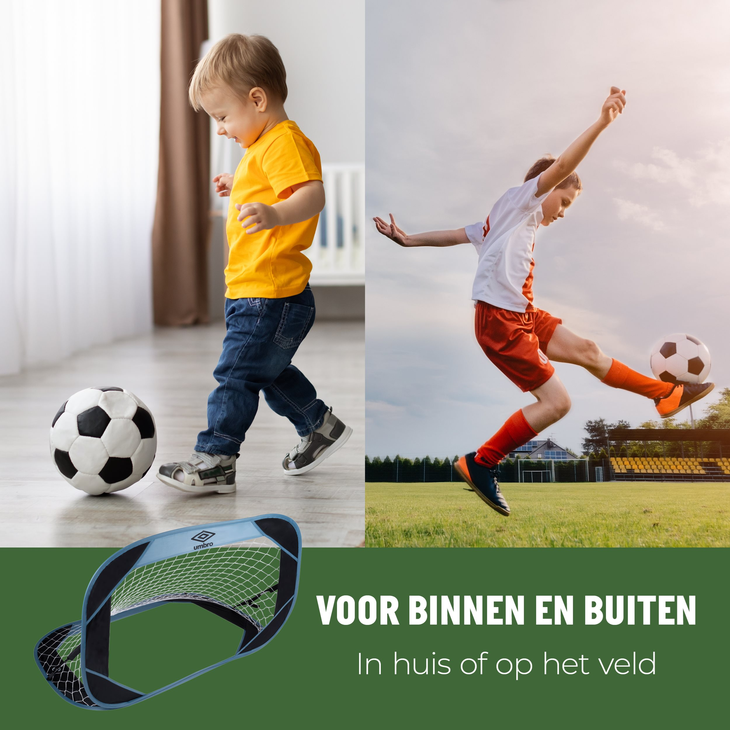 Un niño pateando una pelota de fútbol. Portería de fútbol en la parte inferior. Texto: Para uso interior y exterior.