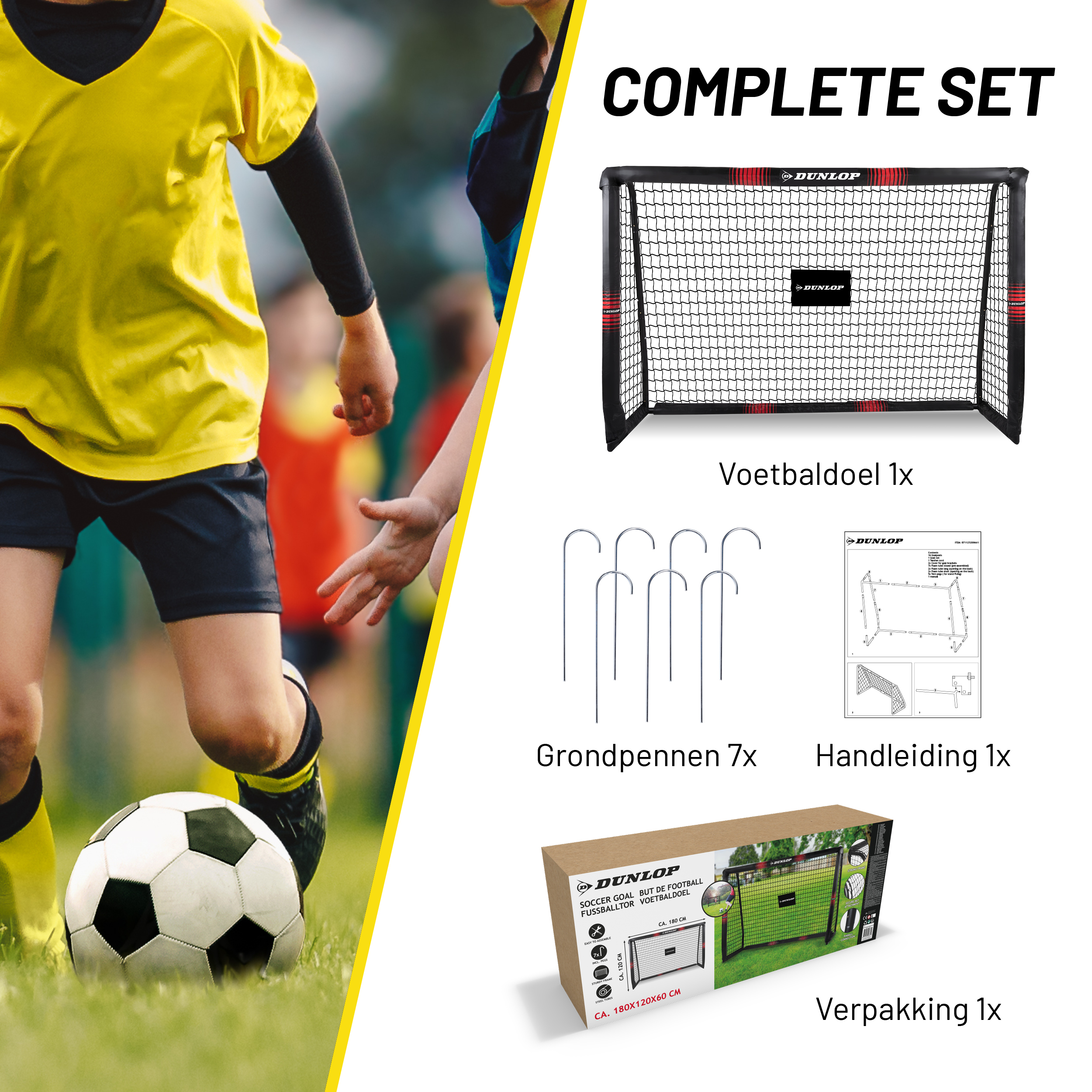 Ensemble de but de football avec accessoires. Le but est noir et porte le logo Dunlop. Comprend des piquets et un manuel.