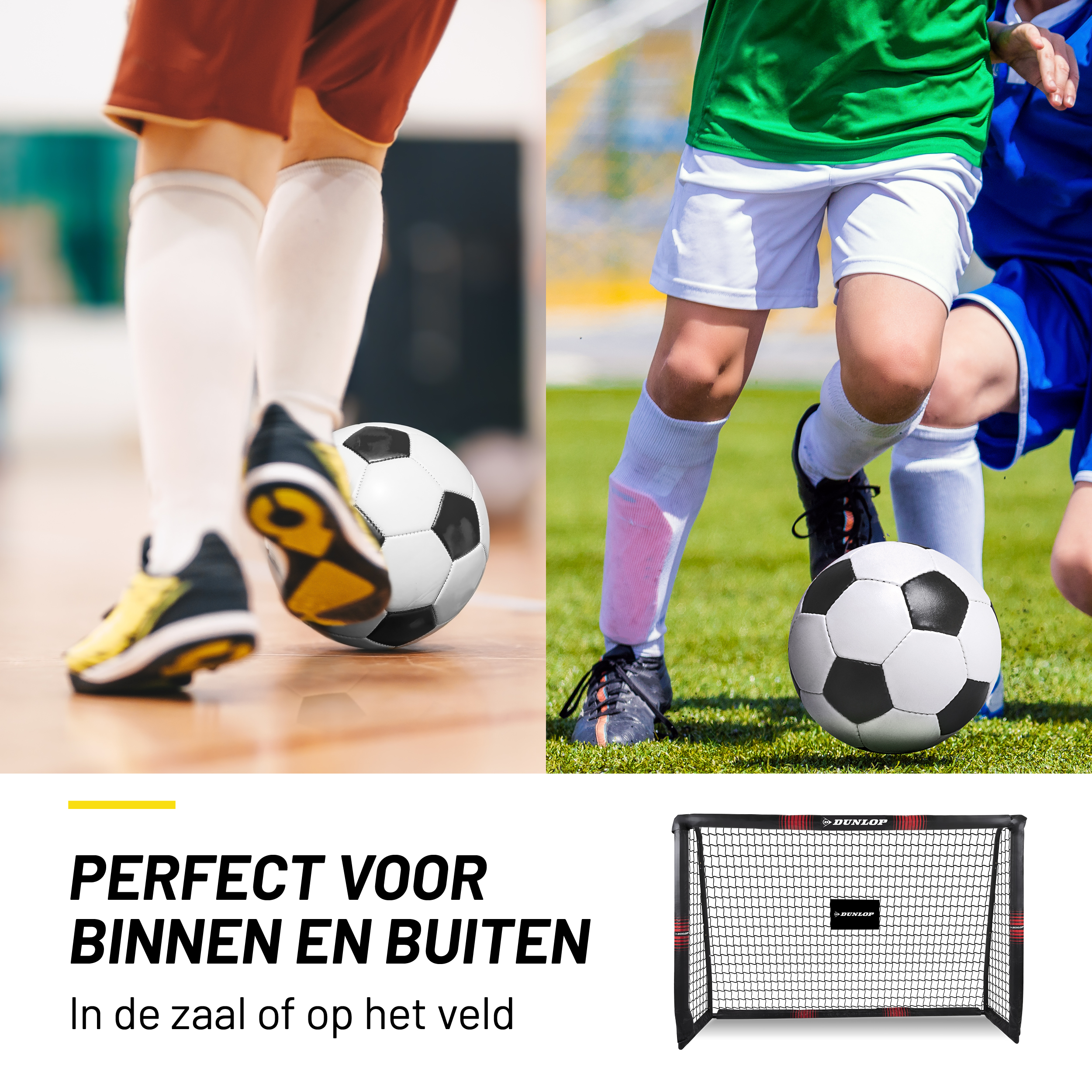 Match de foot, joueurs frappant le ballon, ballon noir et blanc, petit but de foot, terrain vert.