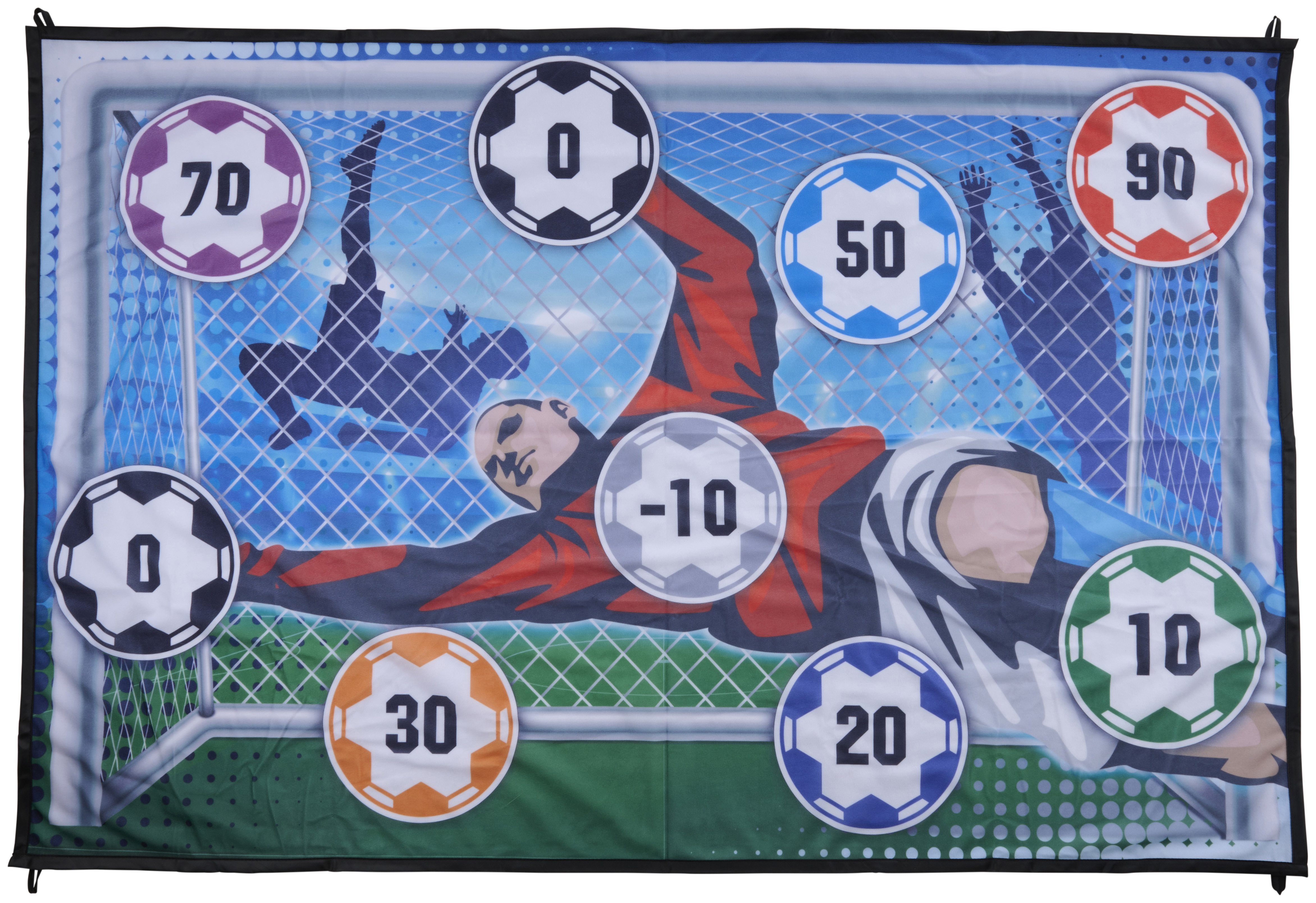 Voetbaldoel met duikende keeper en doelen met nummers op een blauwe achtergrond.