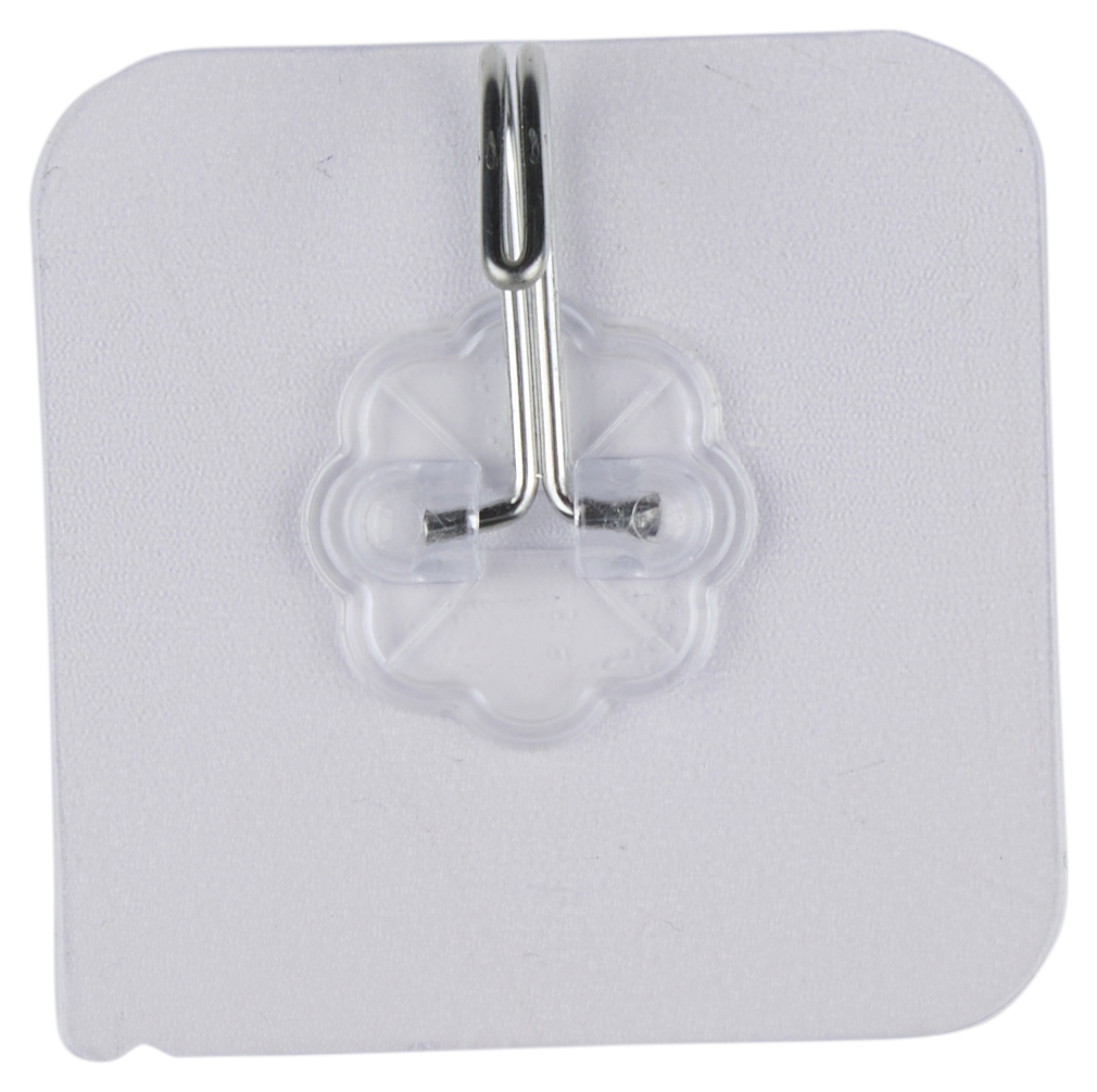 Transparante plastic wandhaak met metalen haak. Vierkant met een bloemachtig ontwerp.