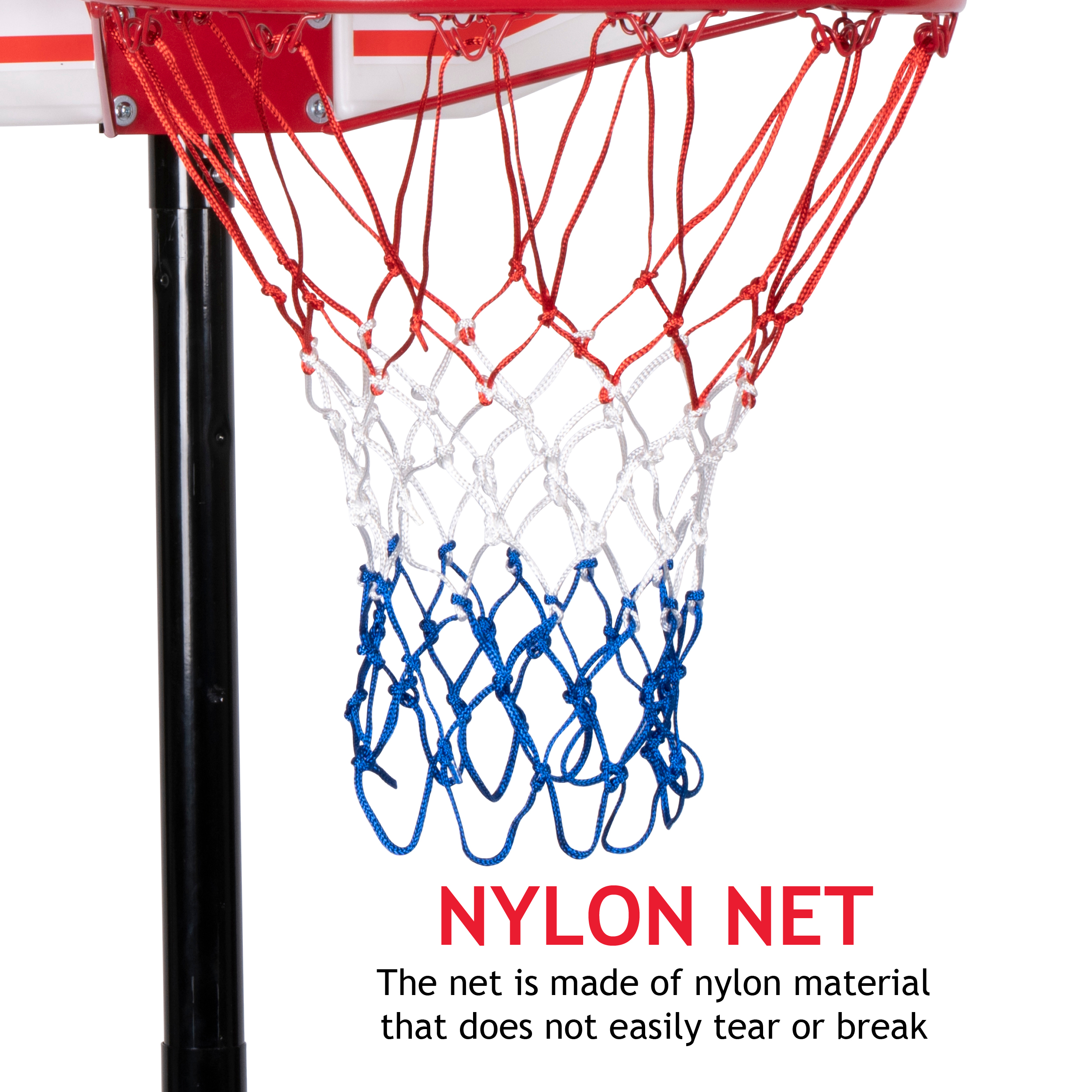 Basketball hoop net. Red, white and blue. The net is made of nylon material. Detail.