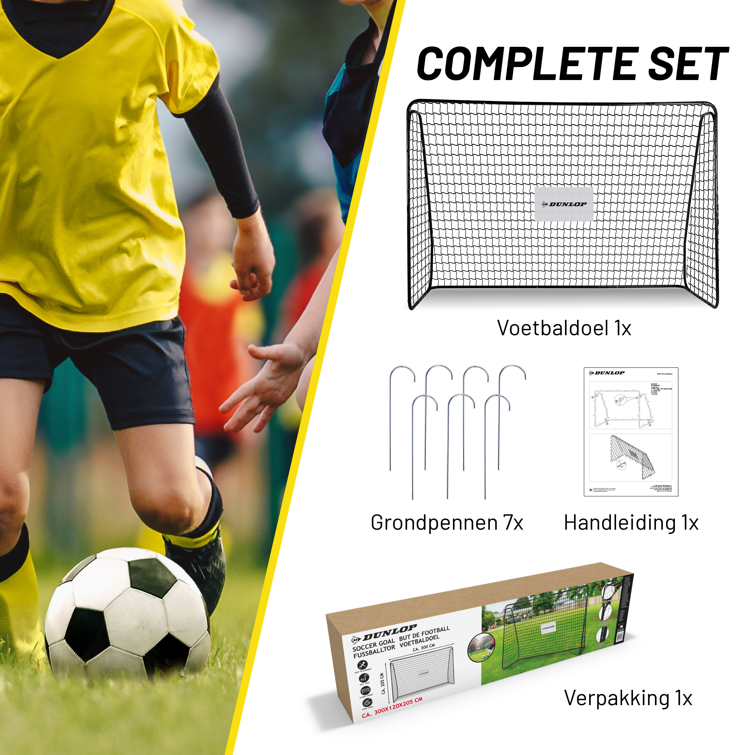 Ein komplettes Fußballset mit Tor, Pfählen, Handbuch und Verpackungskarton.