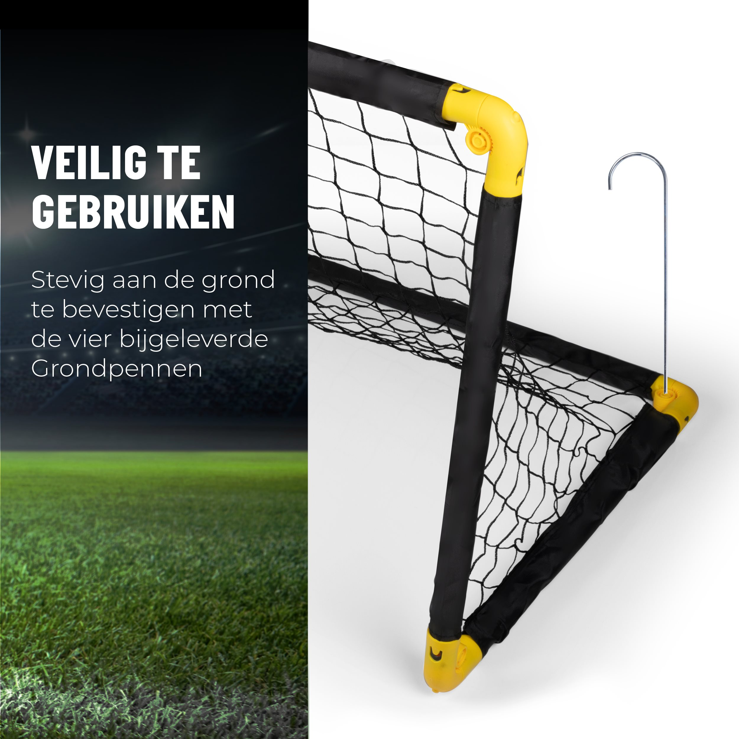 A black and yellow soccer goal with netting. Text in Dutch says 'Safe to use'.