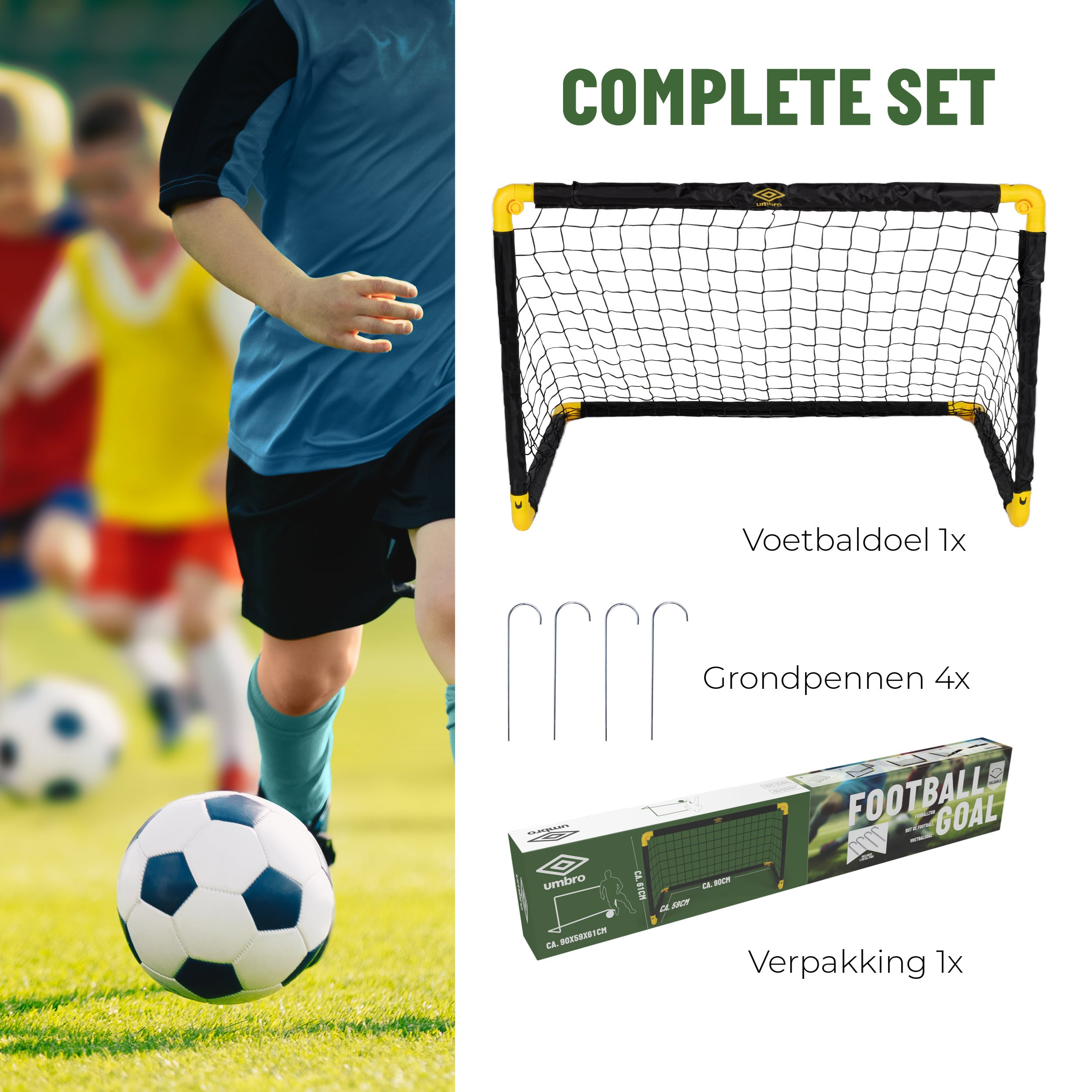 A complete soccer set with kids playing, including a goal, stakes, and a package.