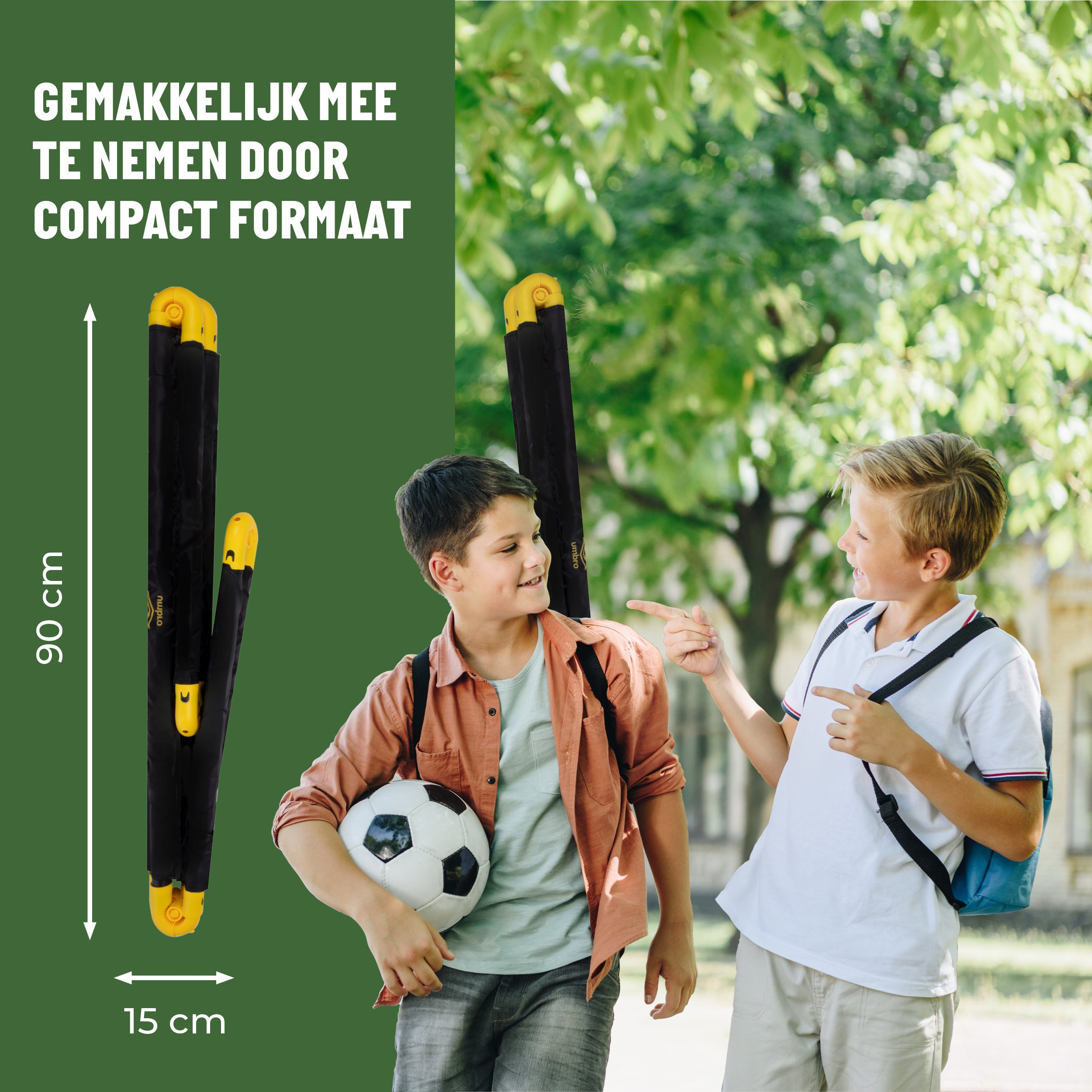 Two boys with a soccer ball and a folded goal. The goal is black and yellow. Green trees in the background.