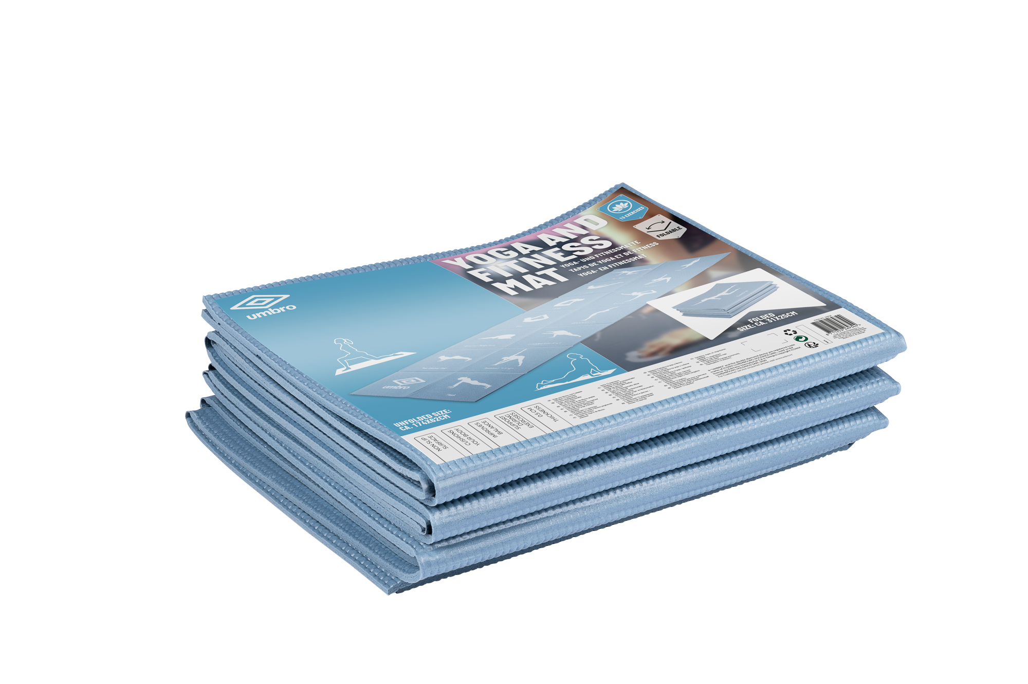 Folded yoga and fitness mats in a stack. Blue mats with product labels visible on the top.