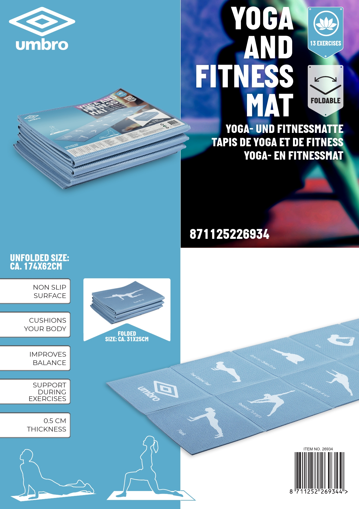 Yoga and fitness mat with various exercise illustrations, blue and white colors.