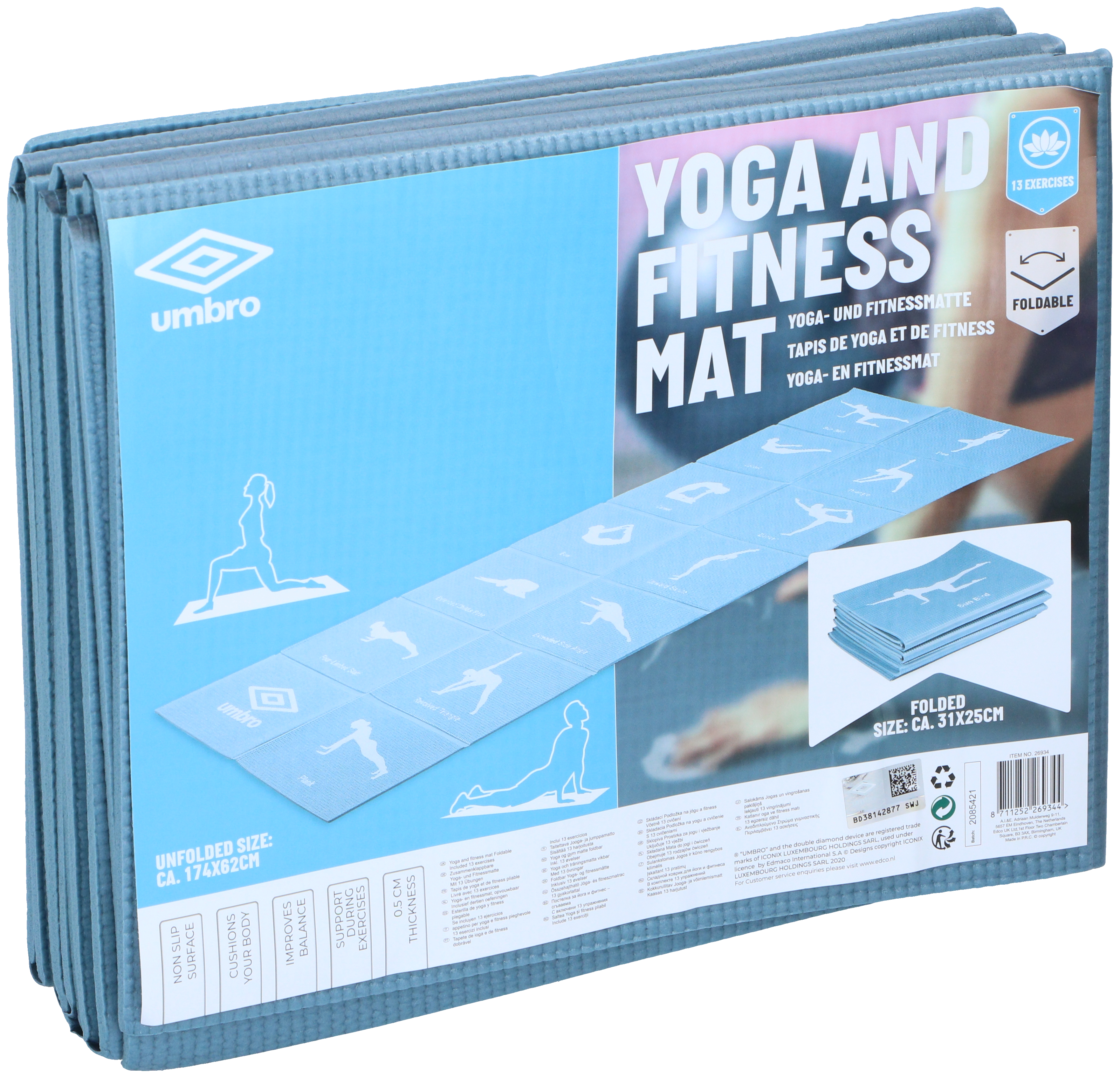 Folded blue yoga mat with yoga poses illustrations. Text: Yoga and Fitness Mat.