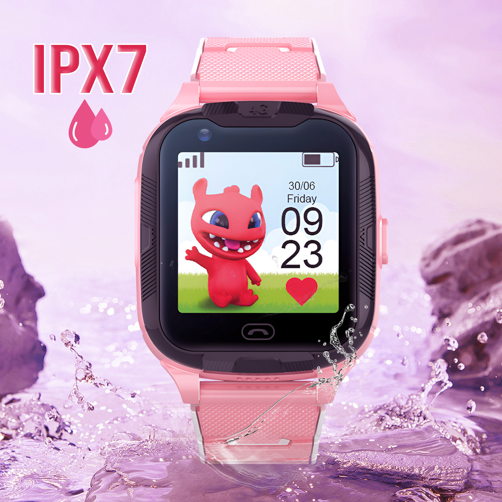 Różowy smartwatch dla dzieci z kreskówką na ekranie. Tło z rozpryskami wody.