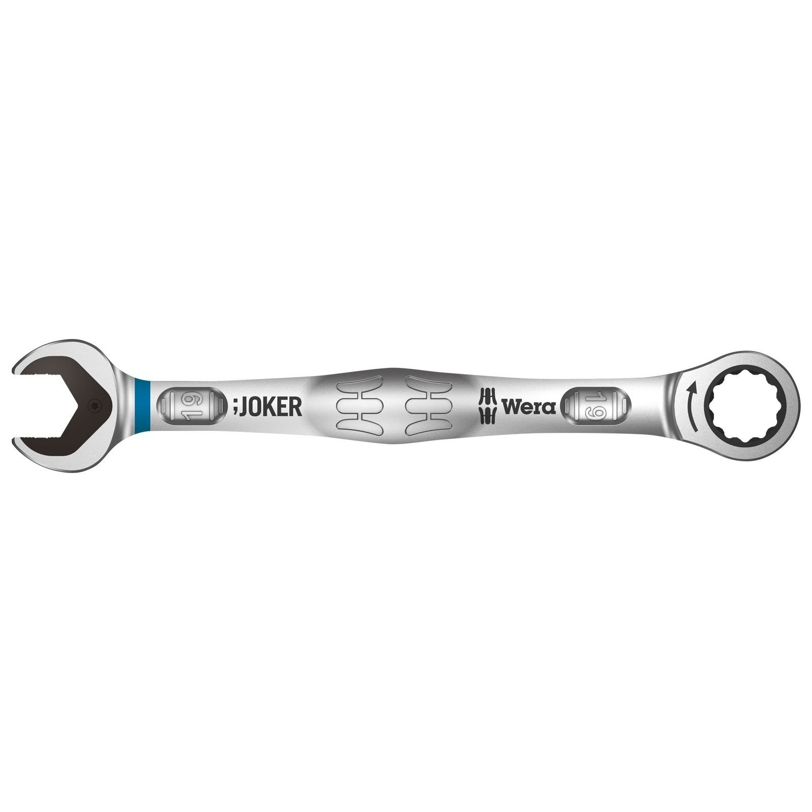 Una llave Wera Joker. Es plateada, con un acento azul, y tiene extremos abiertos y cerrados.