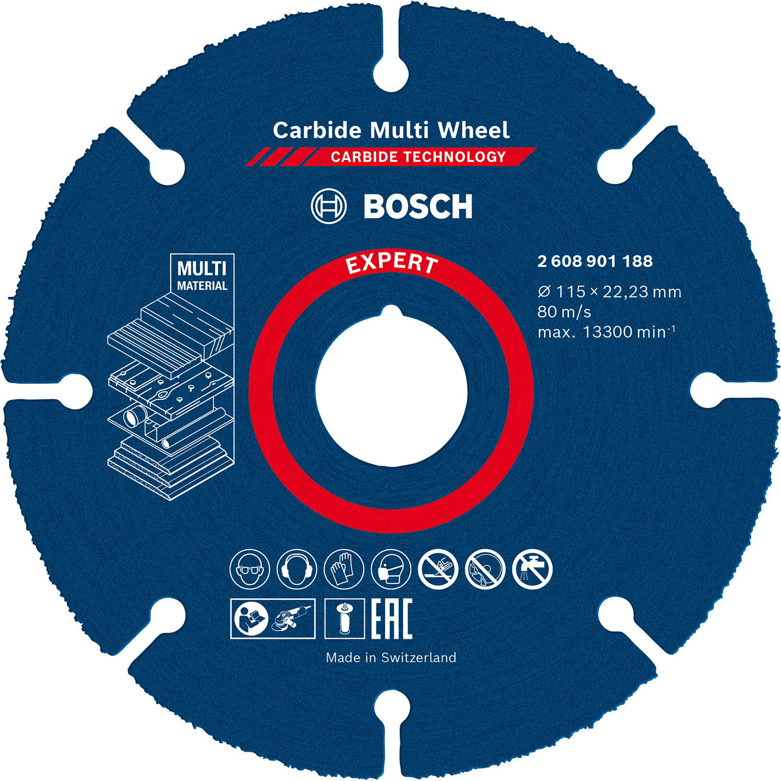 Bosch Expert Karbür Çok Tekerlekli kesme diski. Disk mavi, metin ve kırmızı bir merkeze sahip.