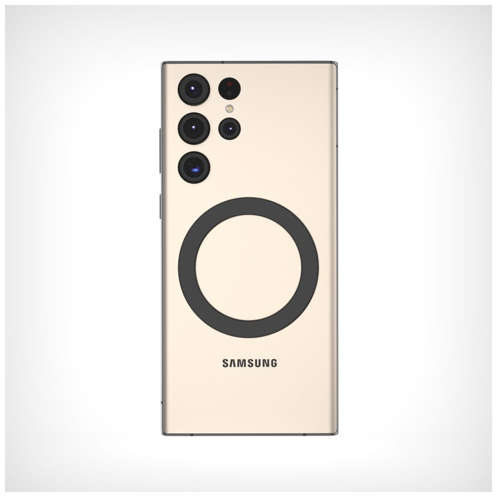 Goldenes Telefon. Schwarzer Kreis auf der Rückseite. Weißer Hintergrund.