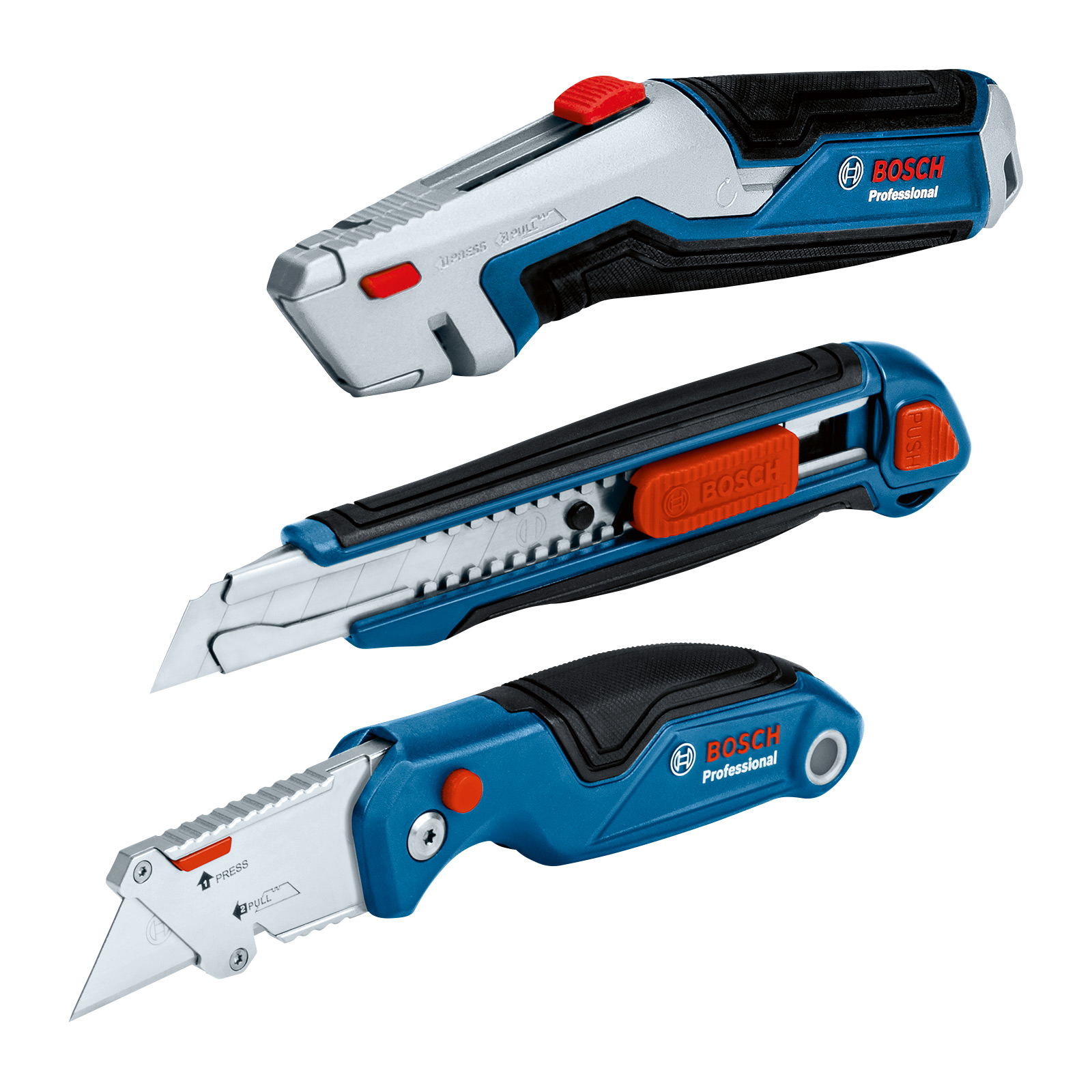 Kırmızı düğmeli üç mavi ve gümüş maket bıçağı. Bosch Professional markası.
