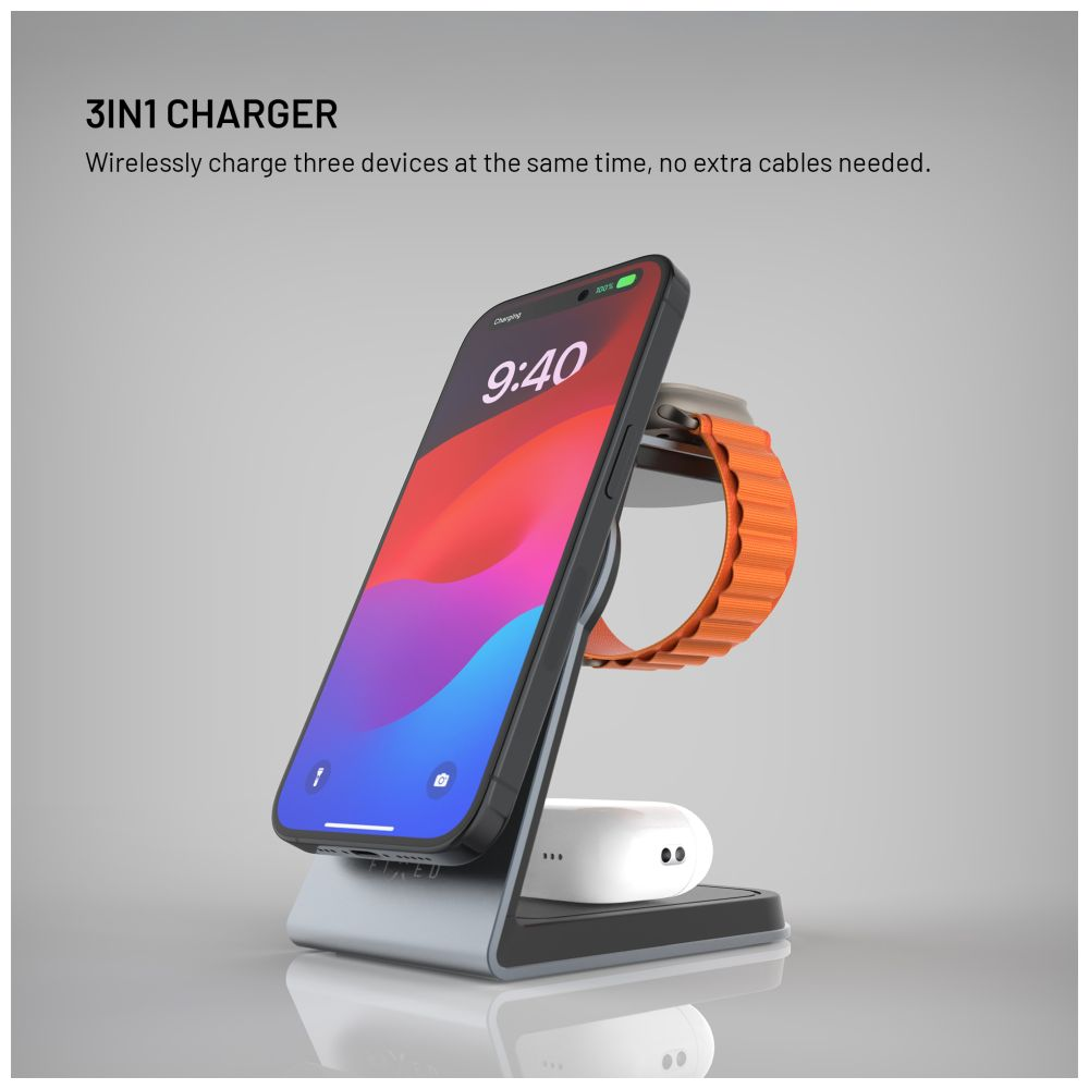 Ein 3-in-1-Ladegerät mit Telefon, Smartwatch und Ohrhörern. Das Telefon zeigt 9:40. Das Uhrenarmband ist orange.